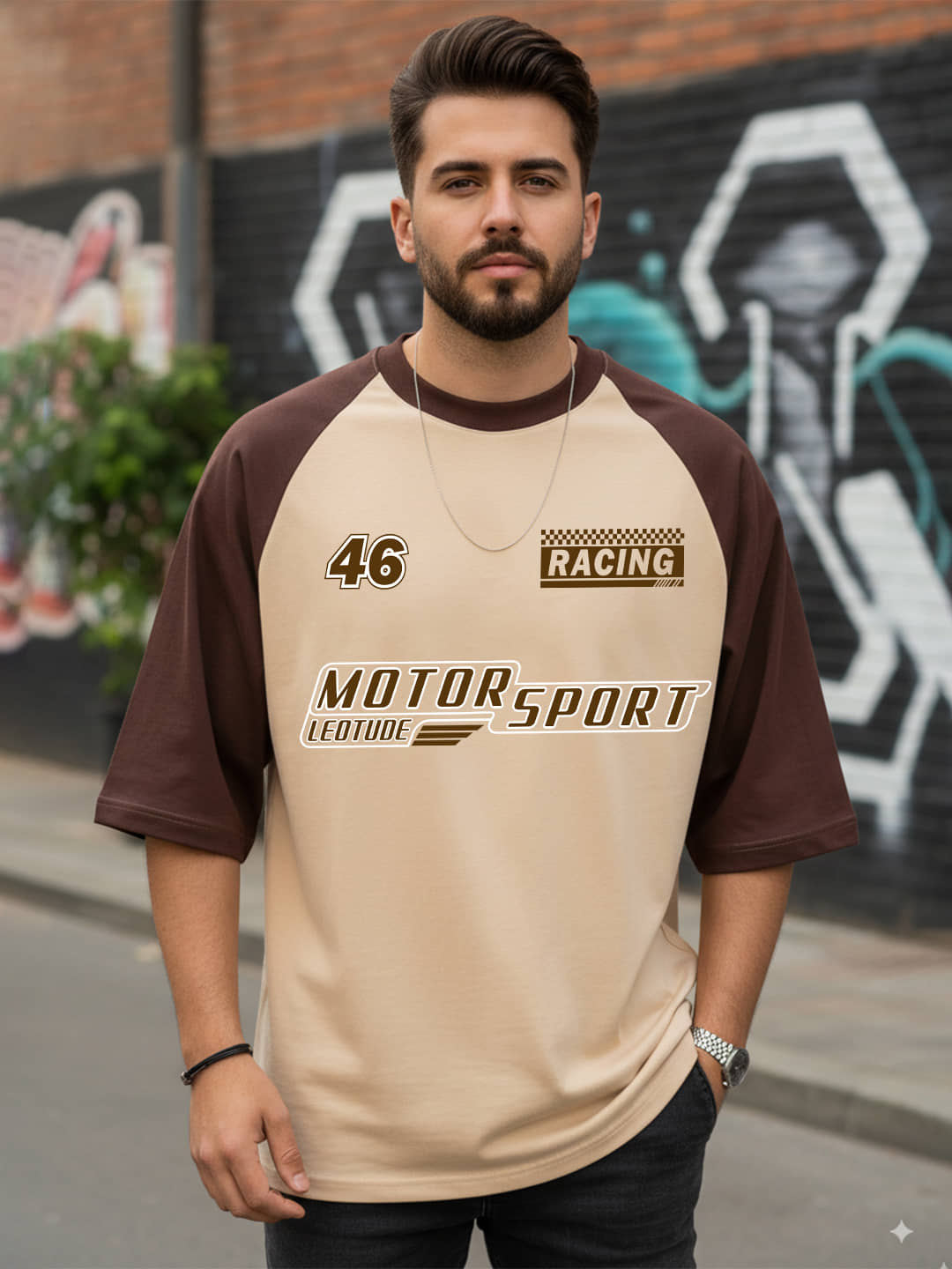 Leotude Men Cotton Blend Oversized Fit Printed T-Shirt ( Beige )