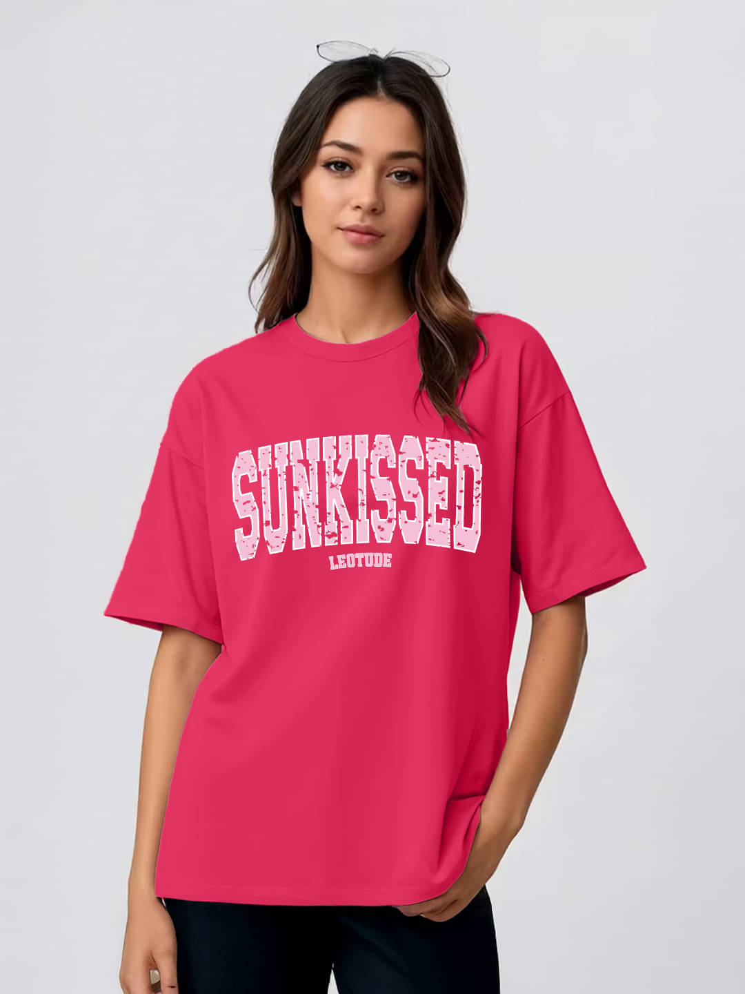 Leotude Women Cotton Blend Oversized Fit Round Neck T-Shirt ( Pink ) Leotude Women Cotton Blend Oversized Fit Round Neck T-Shirt ( Pink )