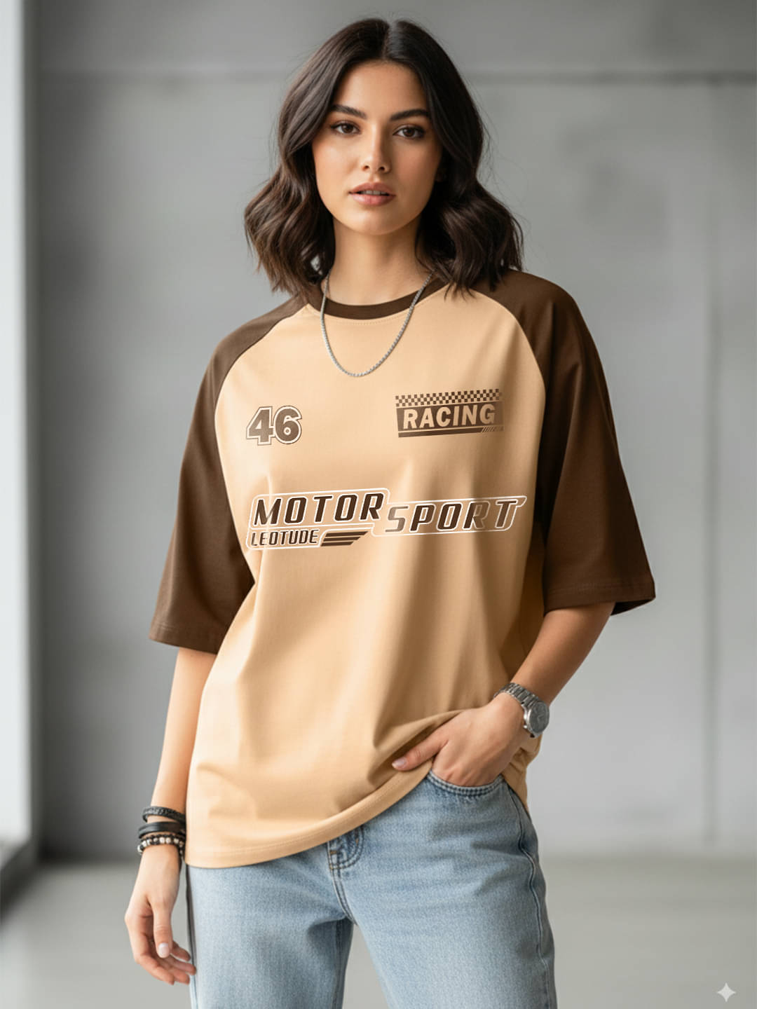     			Leotude Women Cotton Blend Printed Oversized Fit Round Neck T-Shirt ( Beige )