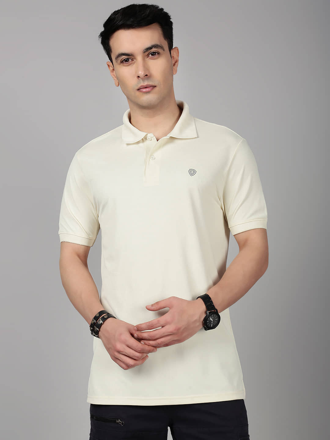 Lux Cozi Men Cotton Blend Regular Fit Solid Polo T Shirt ( Cream )