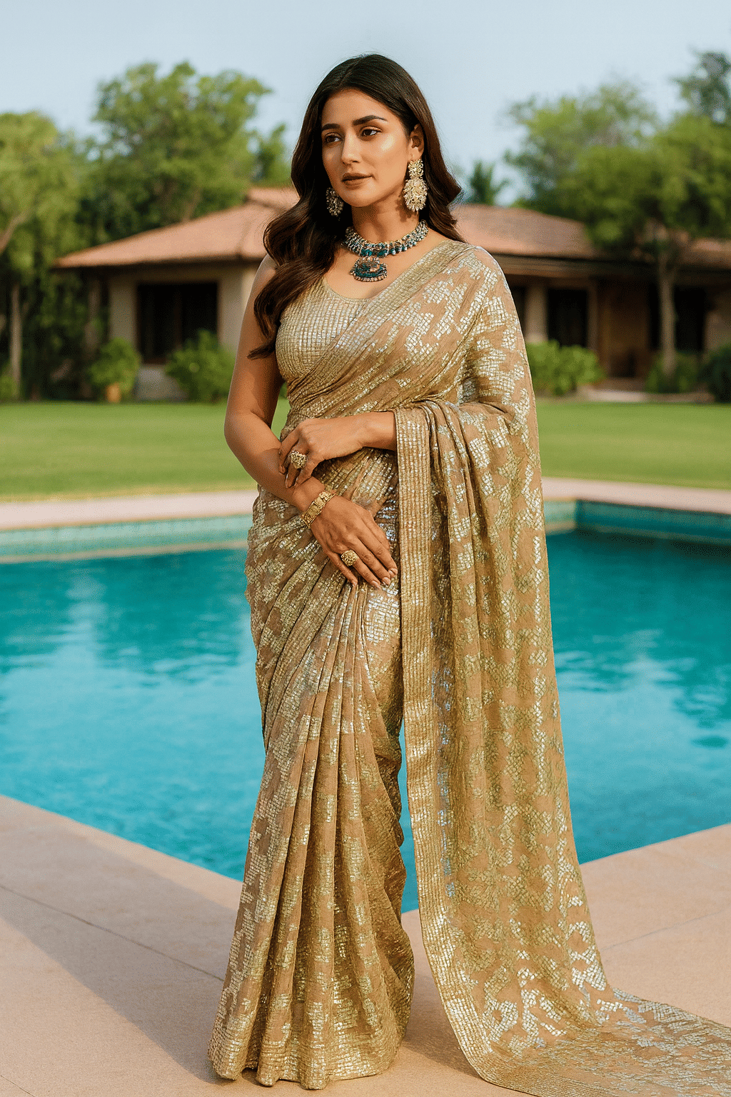     			Maa Enterprise Georgette Embellished Ilkal Saree With Unstitched Blouse Piece ( Gold )