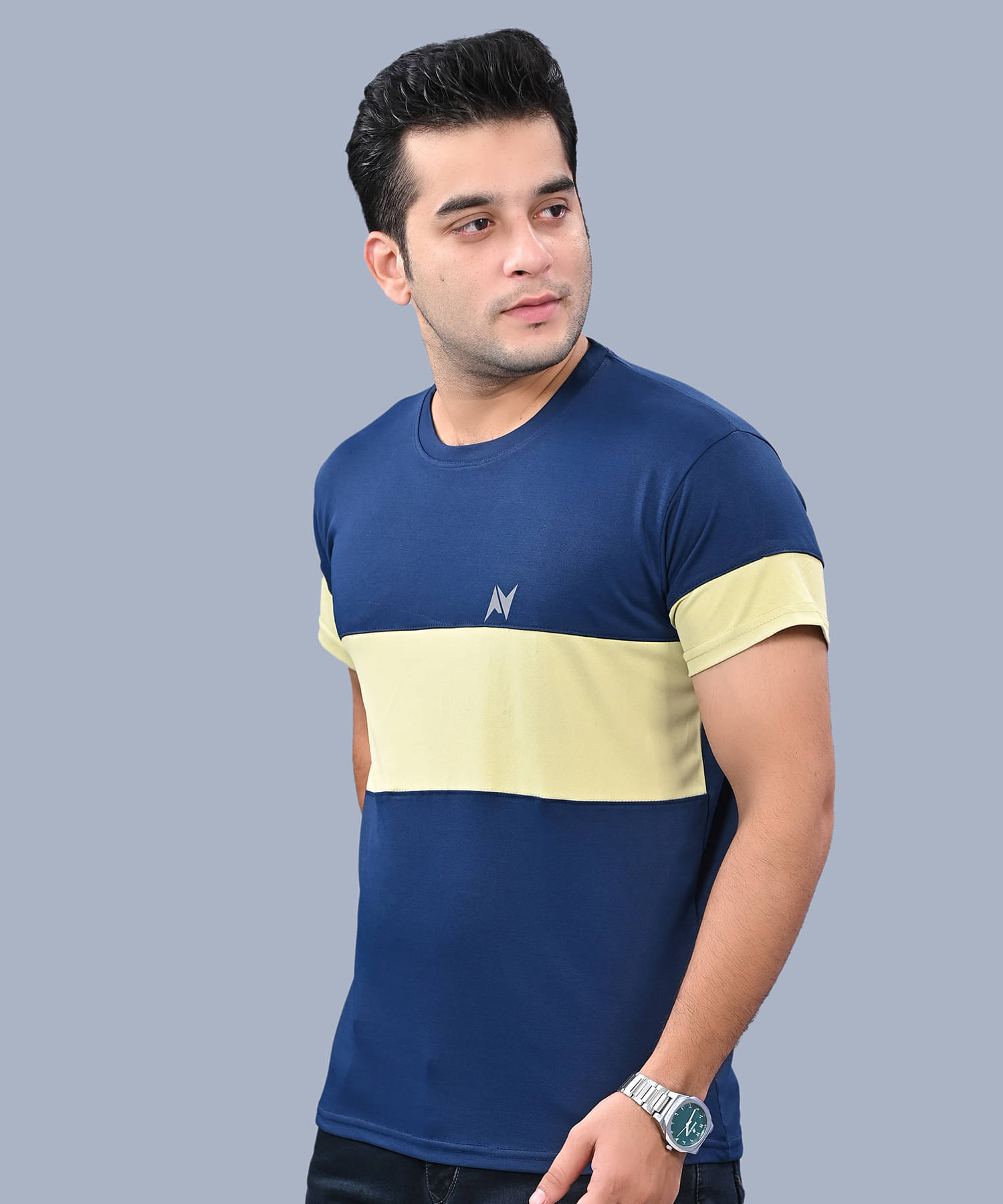     			NEOCARDIN Men Cotton Blend Regular Fit Striped T-Shirt ( Navy Blue )
