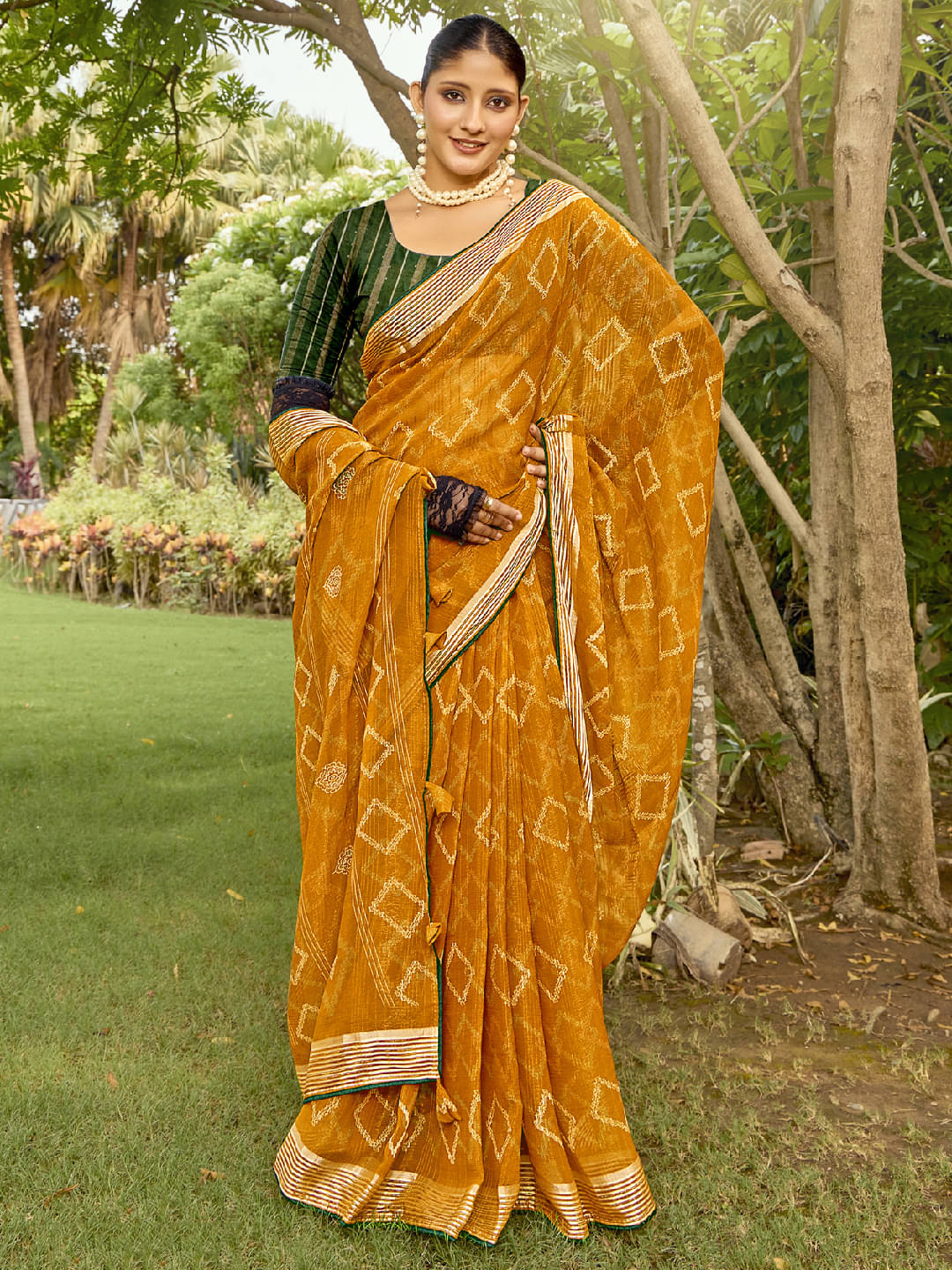     			PANZORA Chiffon Solid Regular Saree Without Blouse Piece ( Mustard )