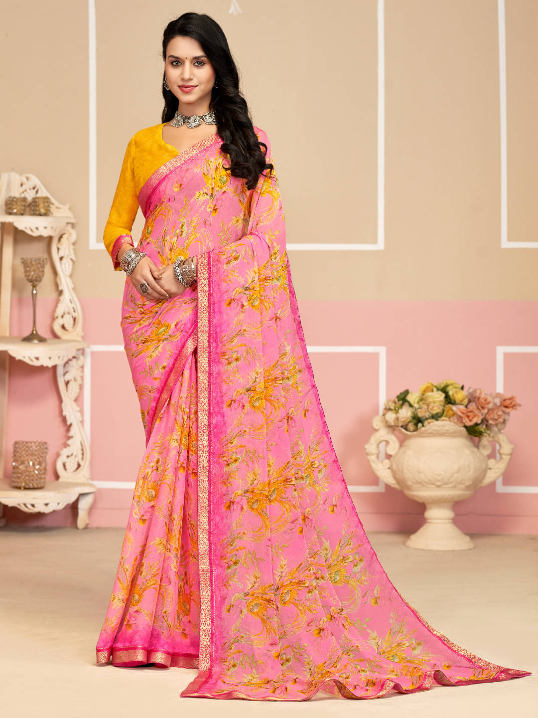     			PANZORA Chiffon Solid Regular Saree Without Blouse Piece ( Pink )