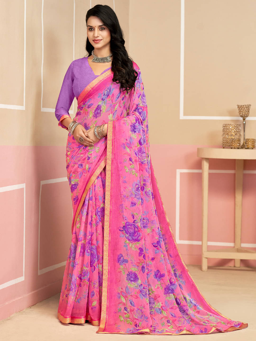     			PANZORA Chiffon Solid Regular Saree Without Blouse Piece ( Magenta )