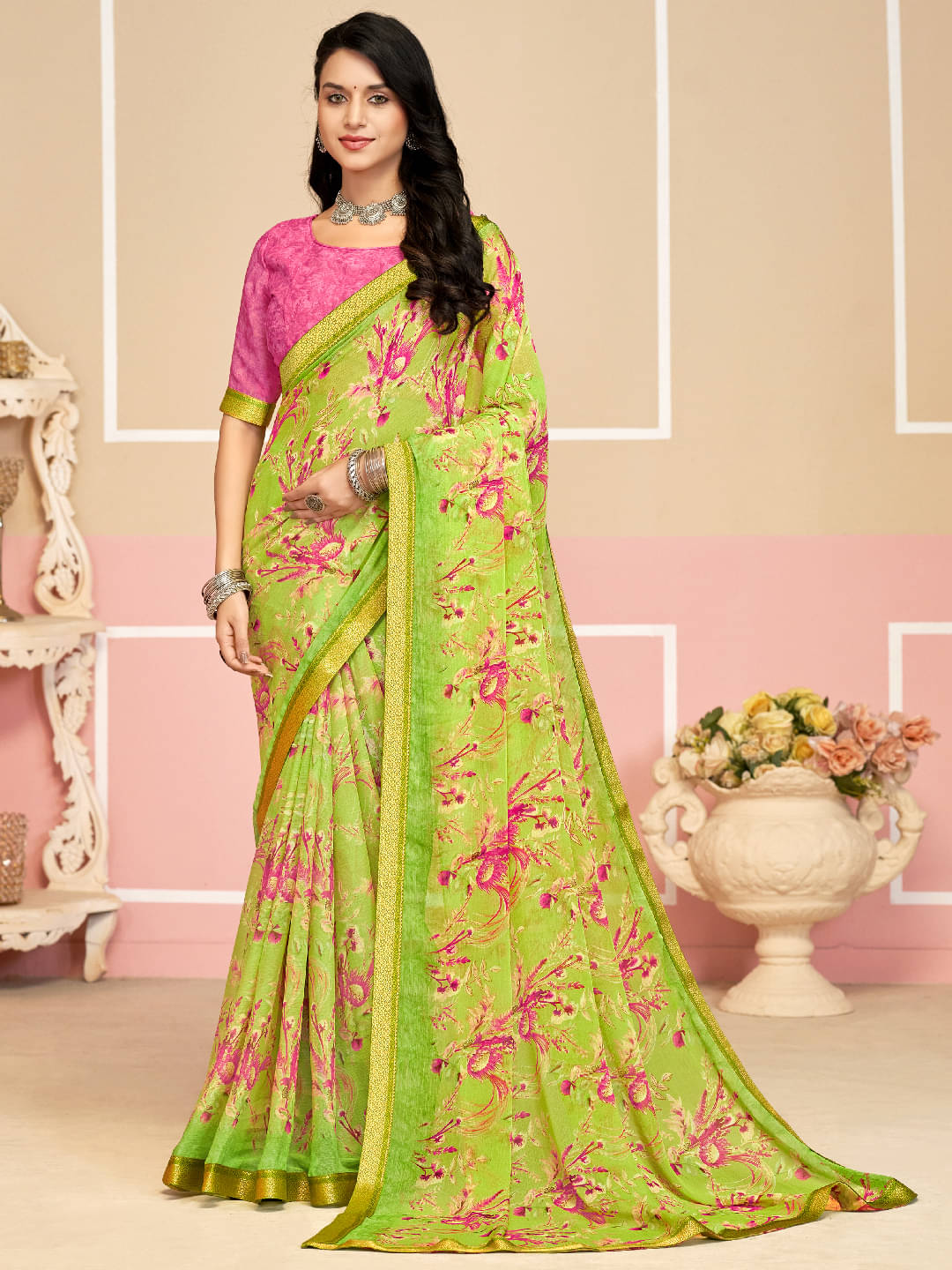     			PANZORA Chiffon Solid Regular Saree Without Blouse Piece ( Sea Green )