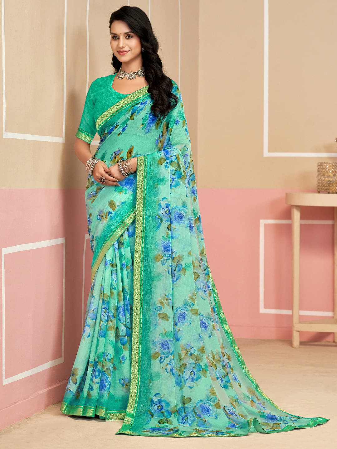     			PANZORA Chiffon Solid Regular Saree Without Blouse Piece ( Teal )