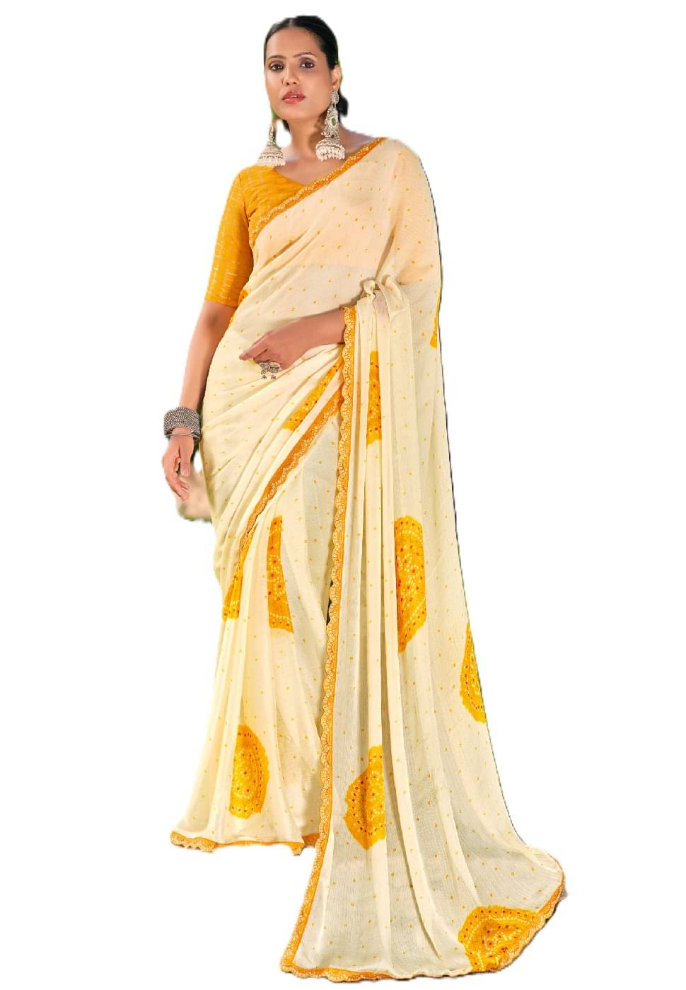     			PANZORA Chiffon Solid Regular Saree Without Blouse Piece ( Yellow )
