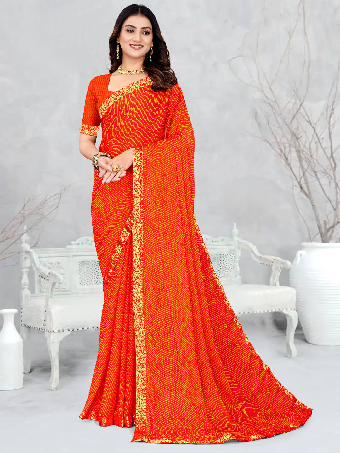     			PANZORA Chiffon Solid Regular Saree Without Blouse Piece ( Orange )