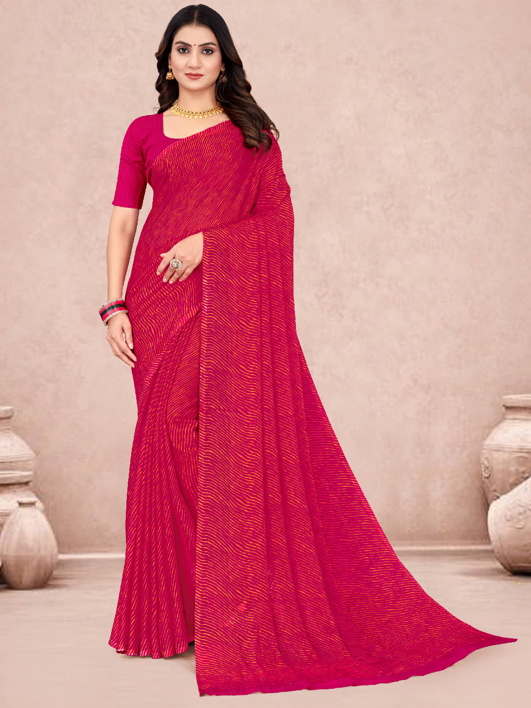     			PANZORA Chiffon Solid Regular Saree Without Blouse Piece ( Pink )