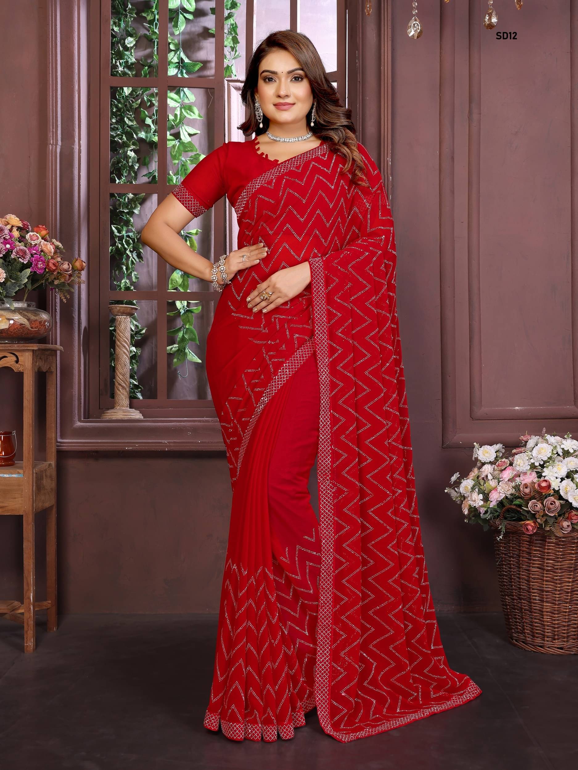     			PANZORA Georgette Solid Regular Saree Without Blouse Piece ( Red )