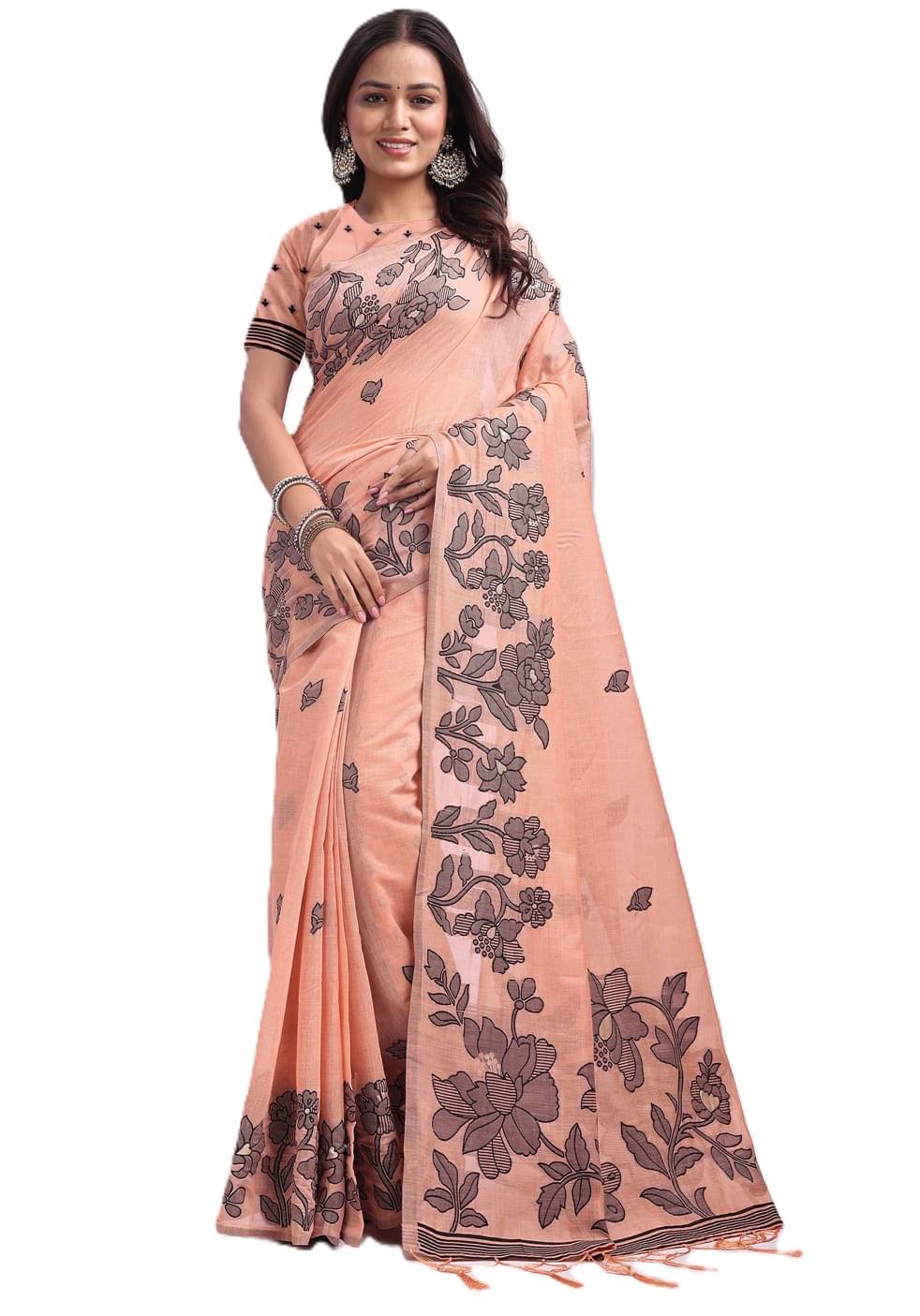 PANZORA Linen Solid Regular Saree Without Blouse Piece ( Peach )     			PANZORA Linen Solid Regular Saree Without Blouse Piece ( Peach )