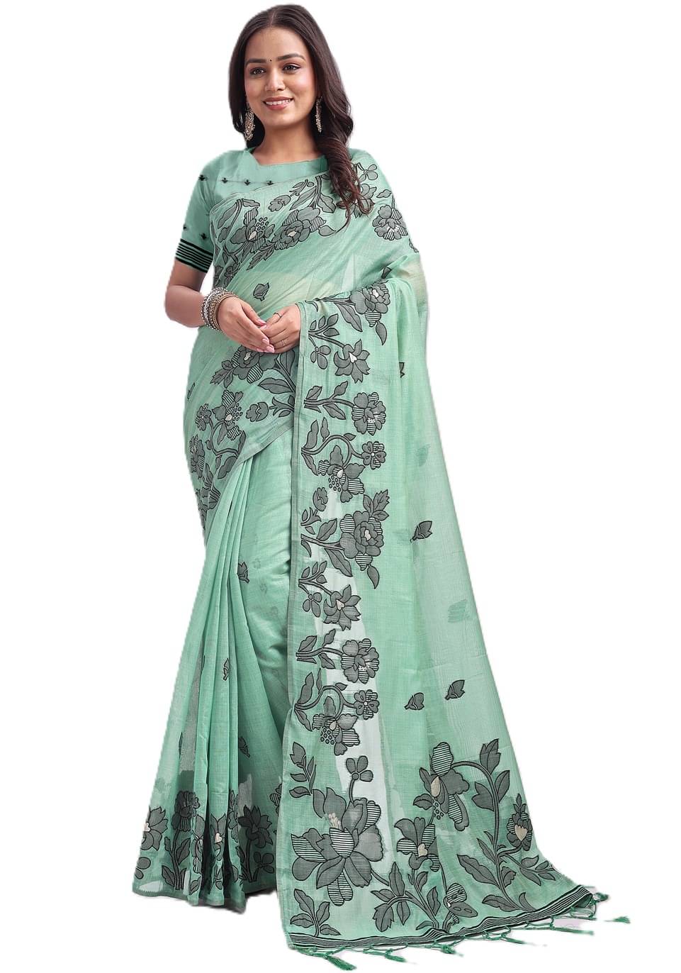     			PANZORA Linen Solid Regular Saree Without Blouse Piece ( Teal )