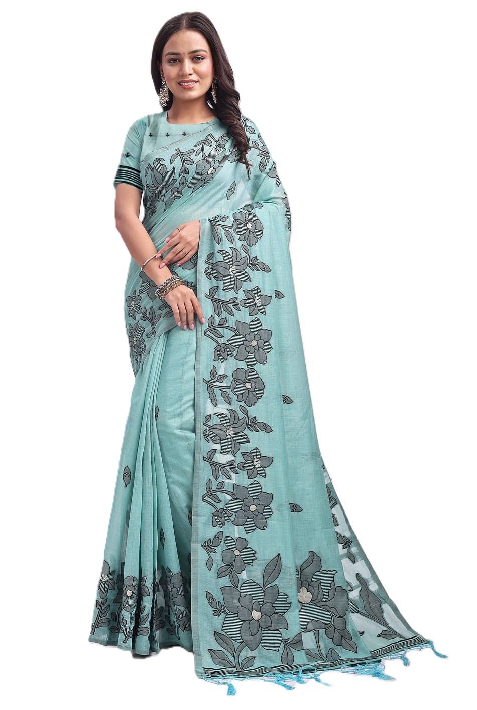PANZORA Linen Solid Regular Saree Without Blouse Piece ( Blue )     			PANZORA Linen Solid Regular Saree Without Blouse Piece ( Blue )