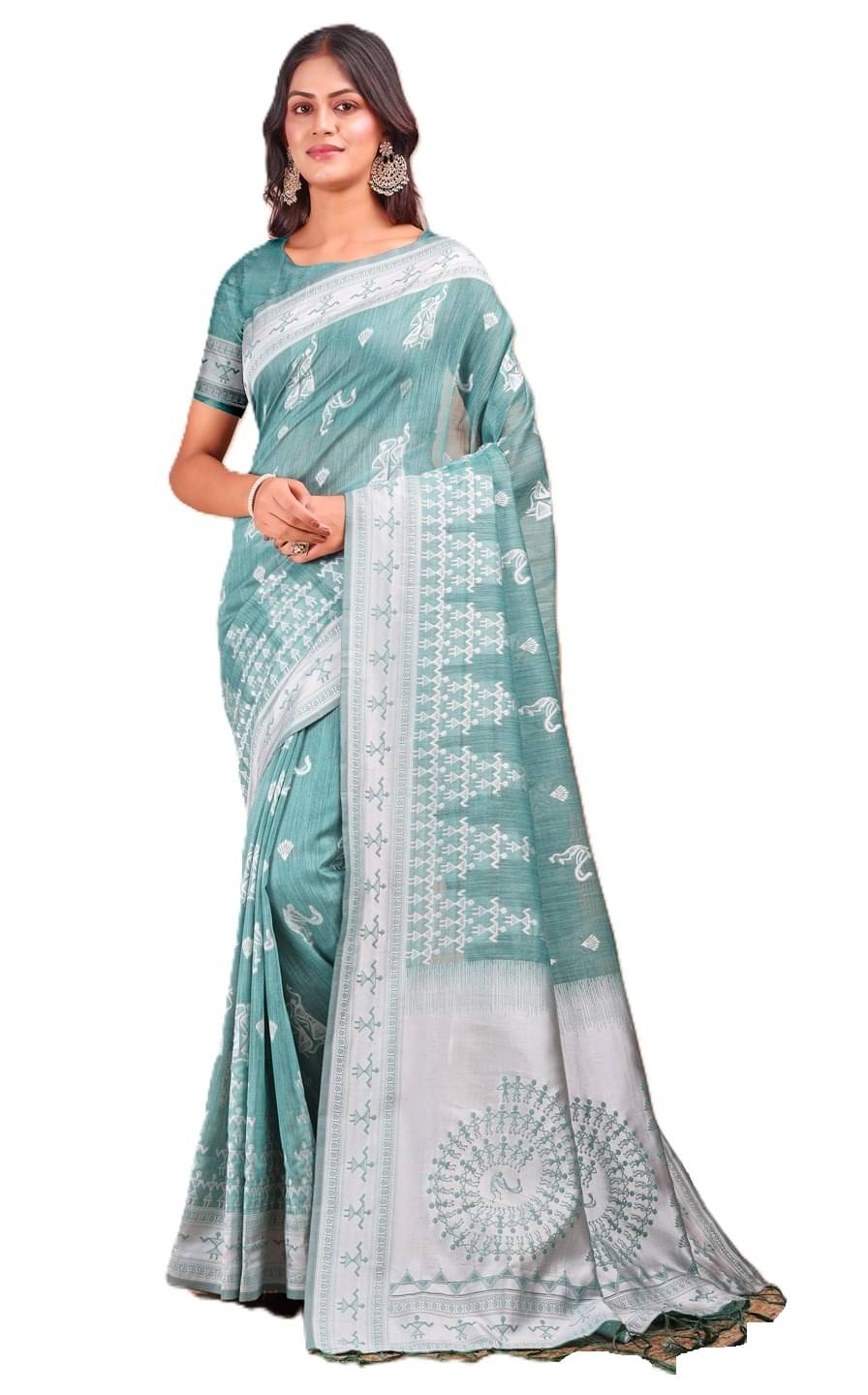     			PANZORA Linen Solid Regular Saree Without Blouse Piece ( Teal )