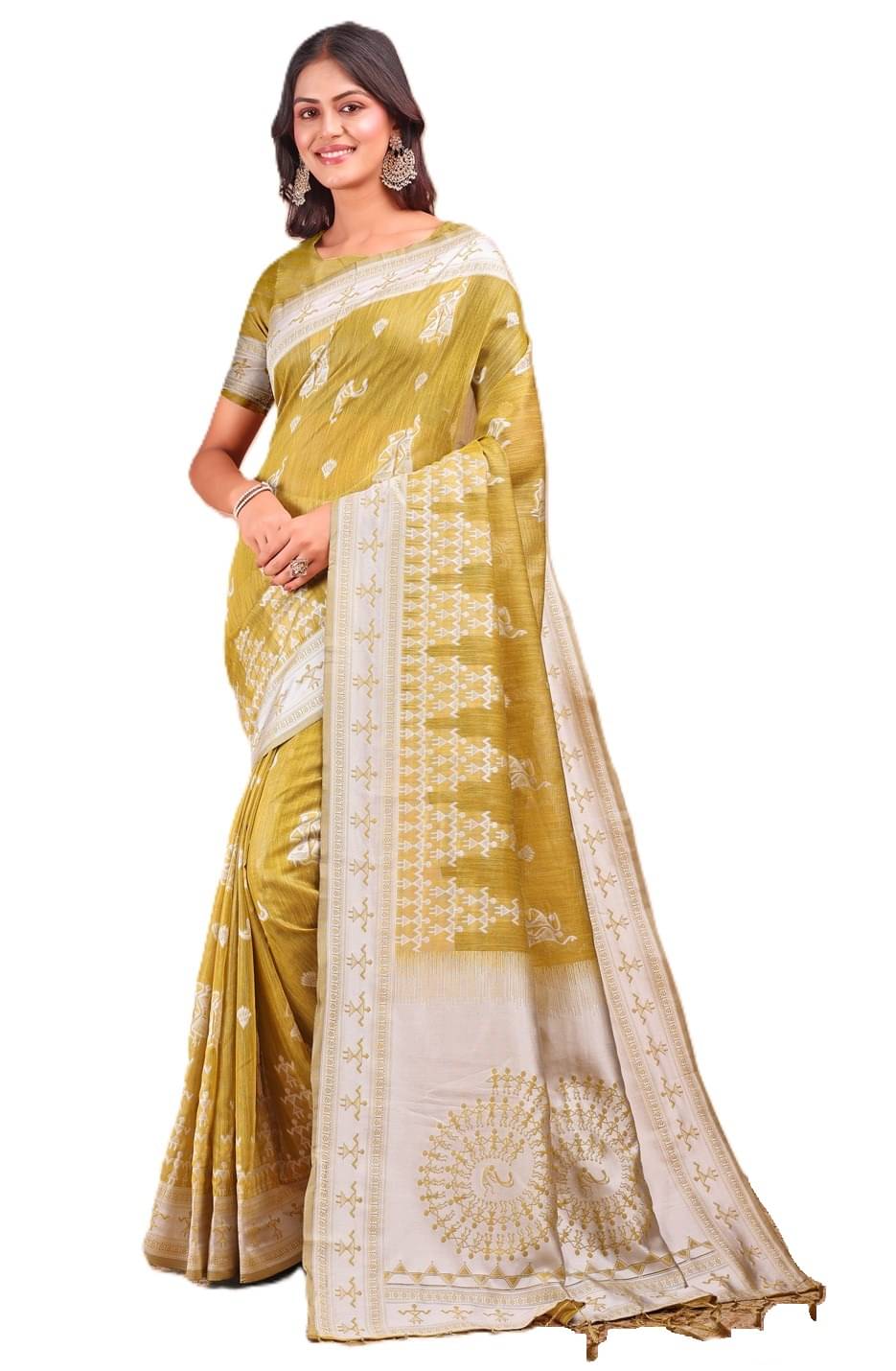     			PANZORA Linen Solid Regular Saree Without Blouse Piece ( Olive )