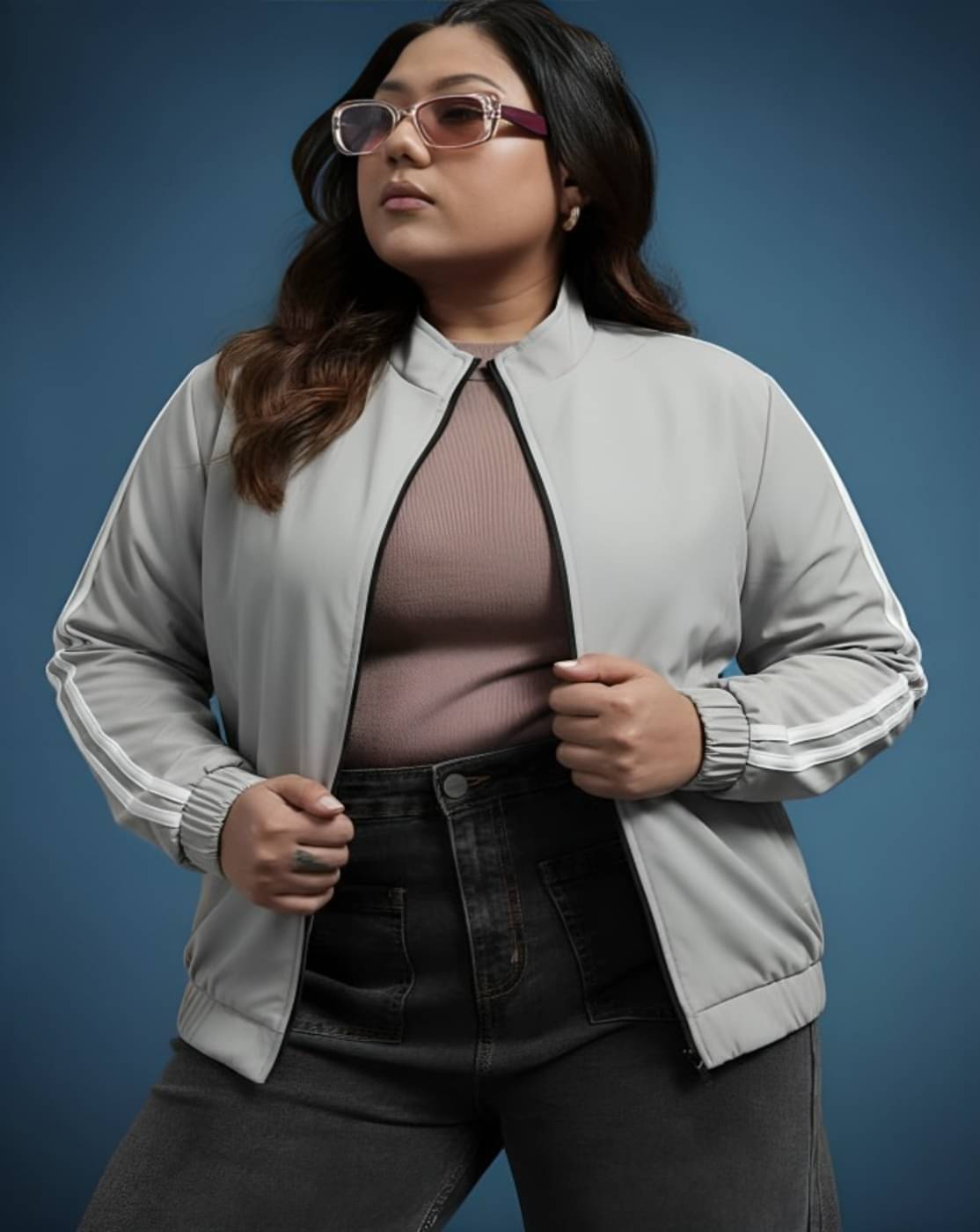     			PLUS PARADISE - Polyester Blend Grey Bomber Jackets Pack of 1