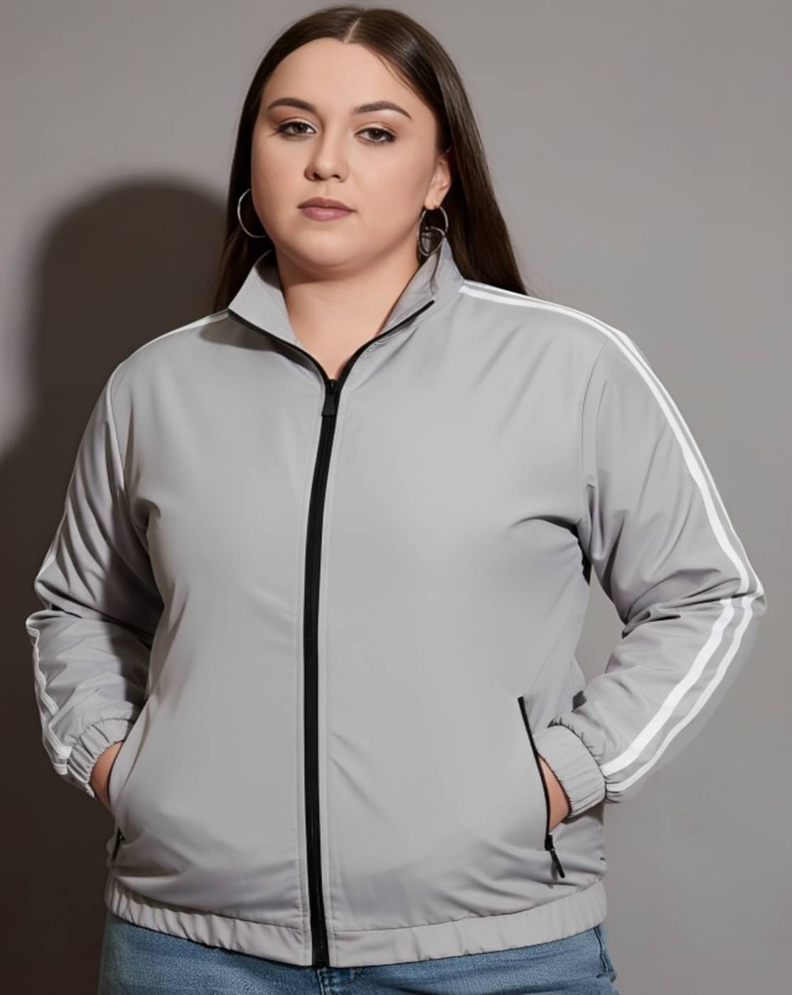 PLUS PARADISE - Polyester Blend Grey Bomber Jackets Pack of 1 PLUS PARADISE - Polyester Blend Grey Bomber Jackets Pack of 1