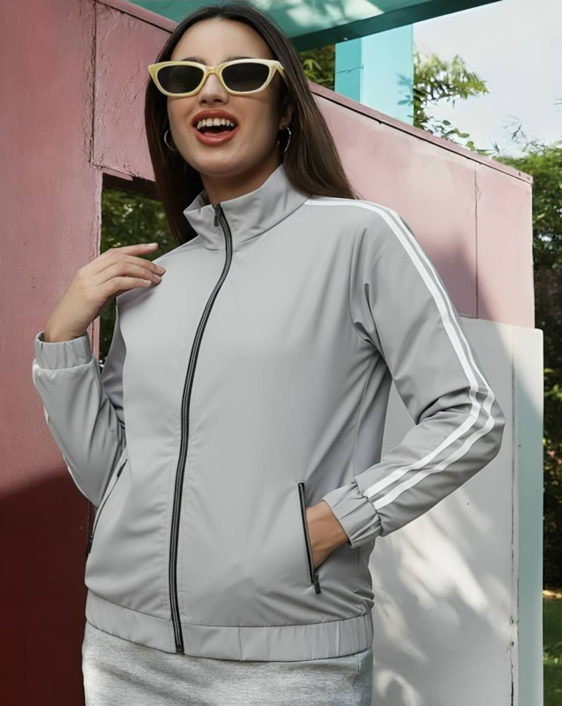     			PLUS PARADISE - Polyester Blend Grey Bomber Jackets Pack of 1