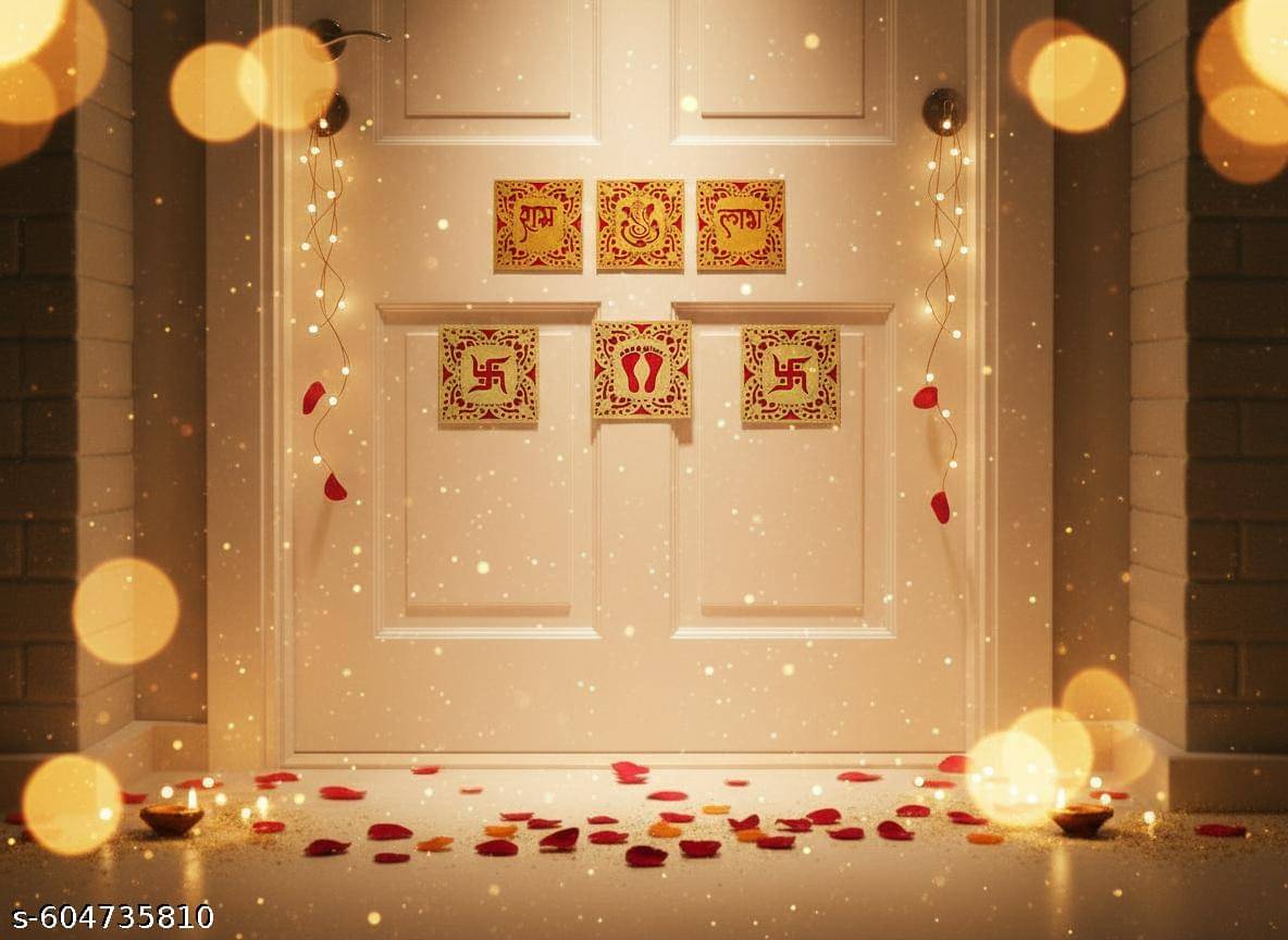 Premium Golden Metal Shubh Labh Swastik Ganesh Lakshmi Charan Decorative Plates for Diwali Puja, Mandir & Entrance Decor | Set of 6 Premium Golden Metal Shubh Labh Swastik Ganesh Lakshmi Charan Decorative Plates for Diwali Puja, Mandir & Entrance Decor | Set of 6