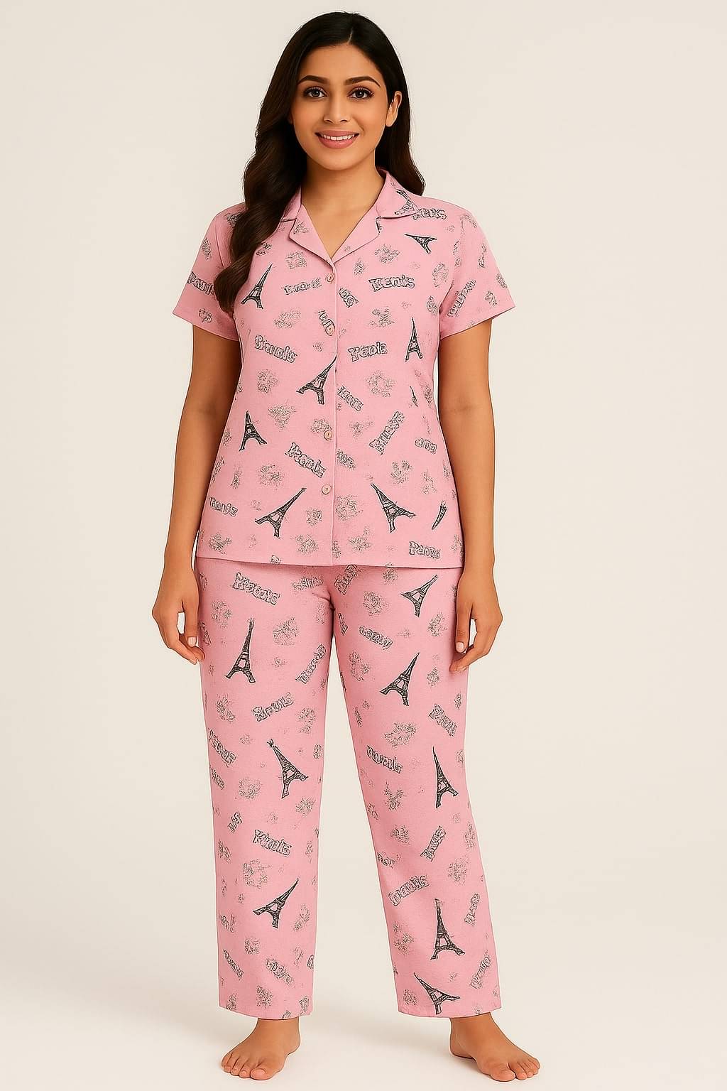     			Raghav Fashion Shop Hosiery Checked Women Shirt with Pyjama ( Light Pink )