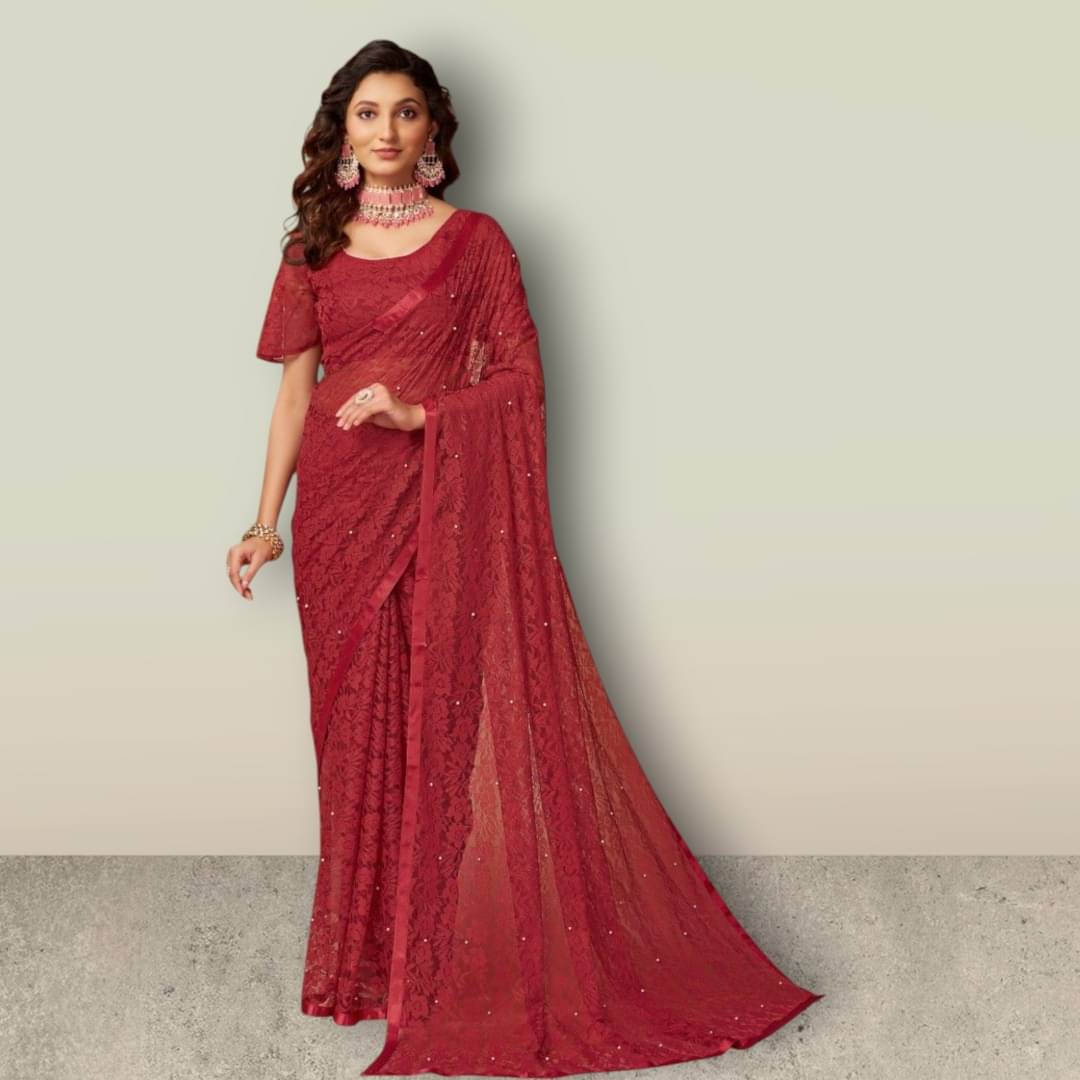 SHRINGARAA Net Self Design Regular Saree With Unstitched Blouse Piece ( Maroon ) SHRINGARAA Net Self Design Regular Saree With Unstitched Blouse Piece ( Maroon )