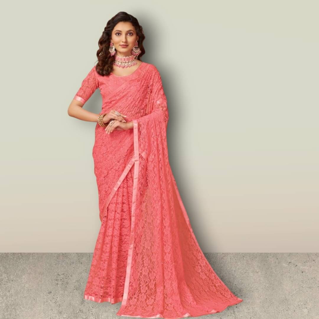    			SHRINGARAA Net Self Design Regular Saree With Unstitched Blouse Piece ( Peach )