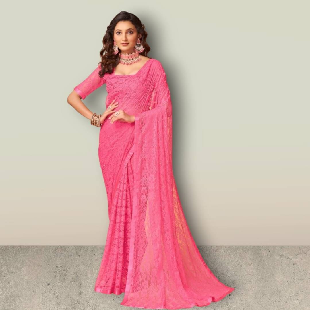     			SHRINGARAA Net Self Design Regular Saree With Unstitched Blouse Piece ( Magenta )