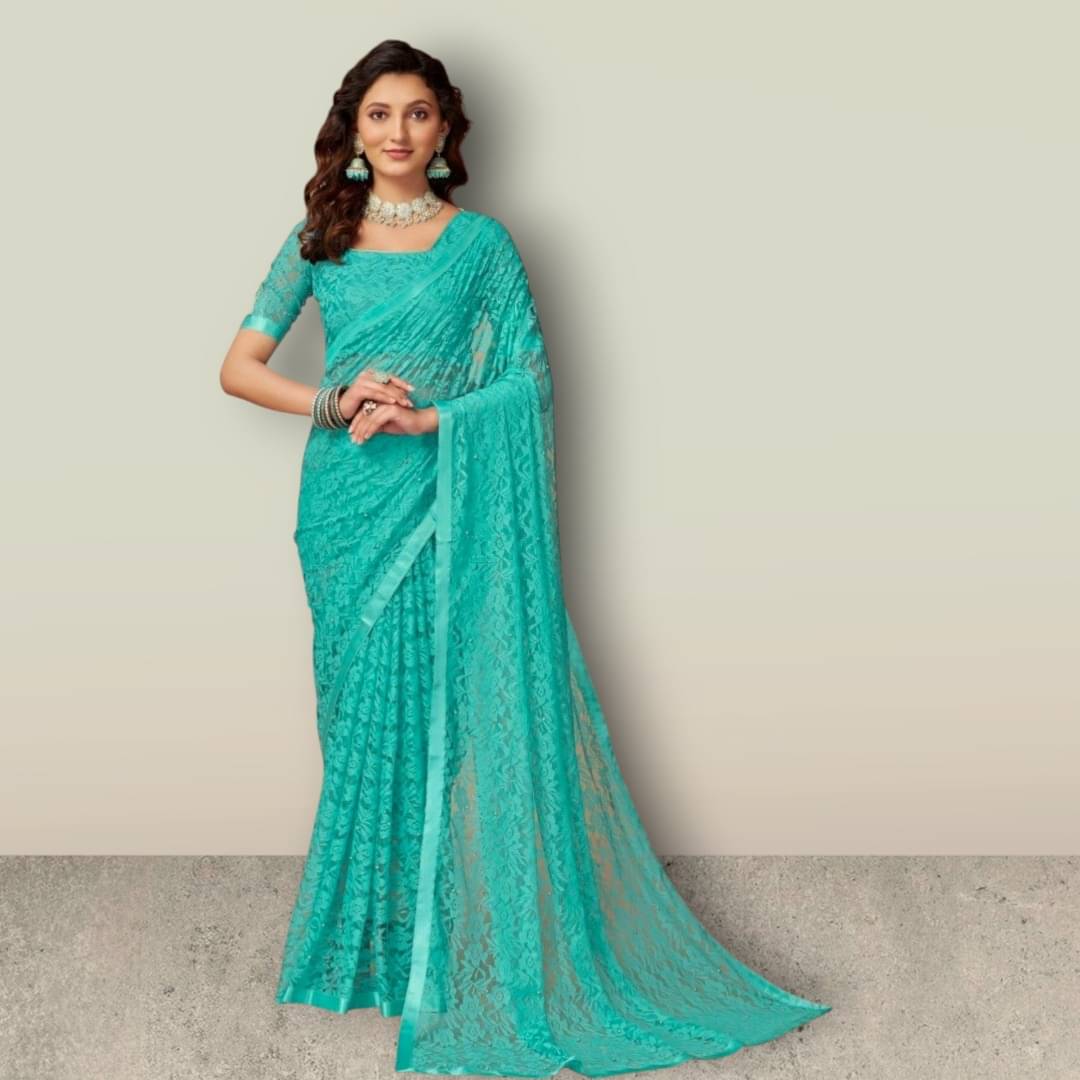 SHRINGARAA Net Self Design Regular Saree With Unstitched Blouse Piece ( Aqua Blue ) SHRINGARAA Net Self Design Regular Saree With Unstitched Blouse Piece ( Aqua Blue )