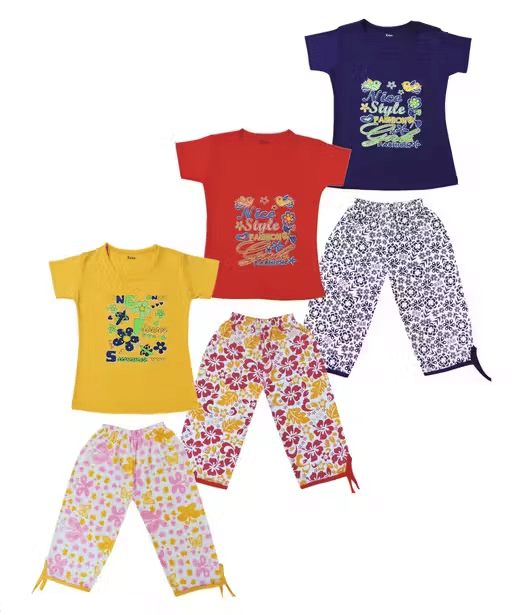 SRI SAKTHI GANAPATHI GARMENTS Pack of 3 Girls Cotton Nightsuit Set ( Multicolor ) SRI SAKTHI GANAPATHI GARMENTS Pack of 3 Girls Cotton Nightsuit Set ( Multicolor )