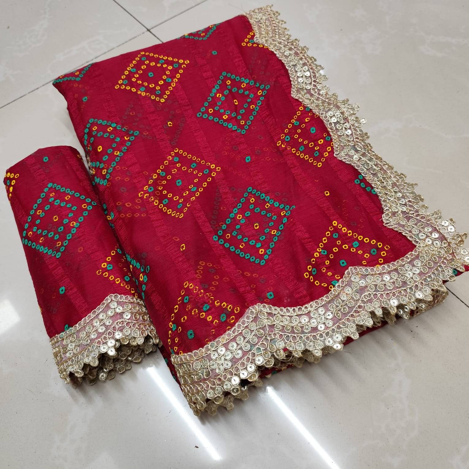     			Sareez House Chiffon Printed Bandhani Sarees With Unstitched Blouse Piece ( Rani )