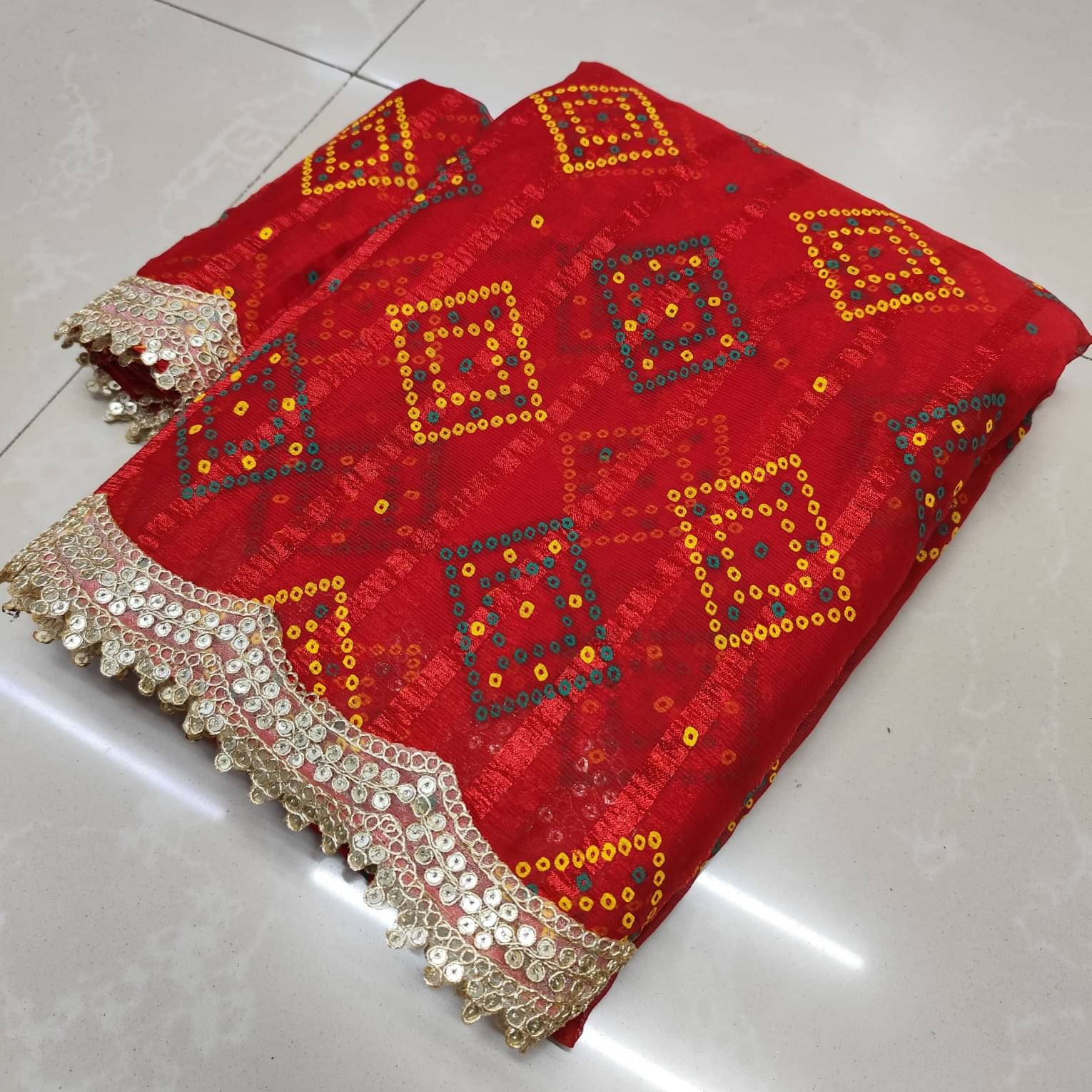     			Sareez House Chiffon Printed Bandhani Sarees With Unstitched Blouse Piece ( Red )
