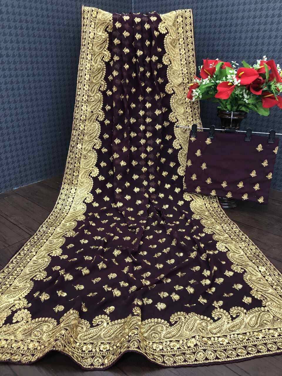 Shree Shyam Fashion Georgette Embroidered Bhagalpuri Saree With Unstitched Blouse Piece ( Wine ) Shree Shyam Fashion Georgette Embroidered Bhagalpuri Saree With Unstitched Blouse Piece ( Wine )