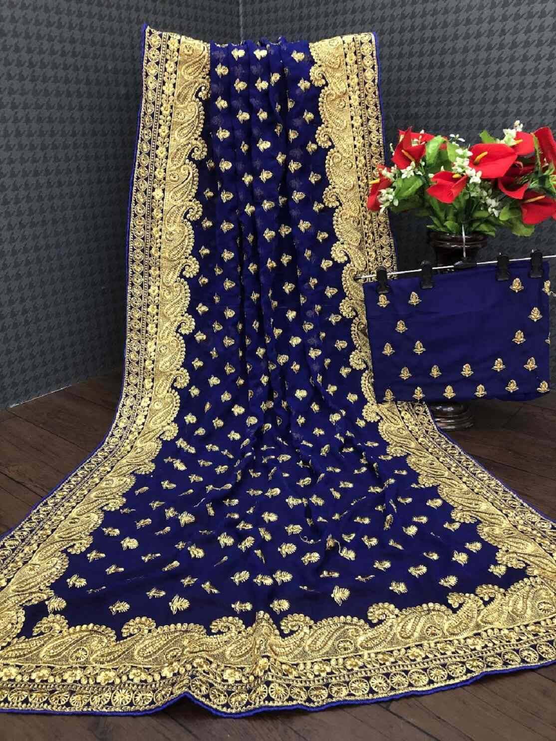     			Shree Shyam Fashion Georgette Embroidered Bhagalpuri Saree With Unstitched Blouse Piece ( Blue )
