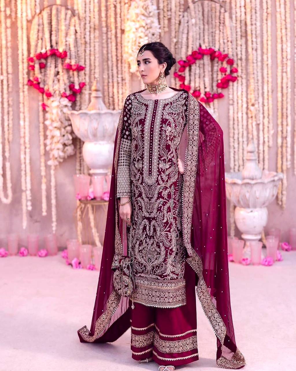     			THE PRIVATE LABLE Women Georgette Embroidered Straight Kurti With Palazzo ( Wine )