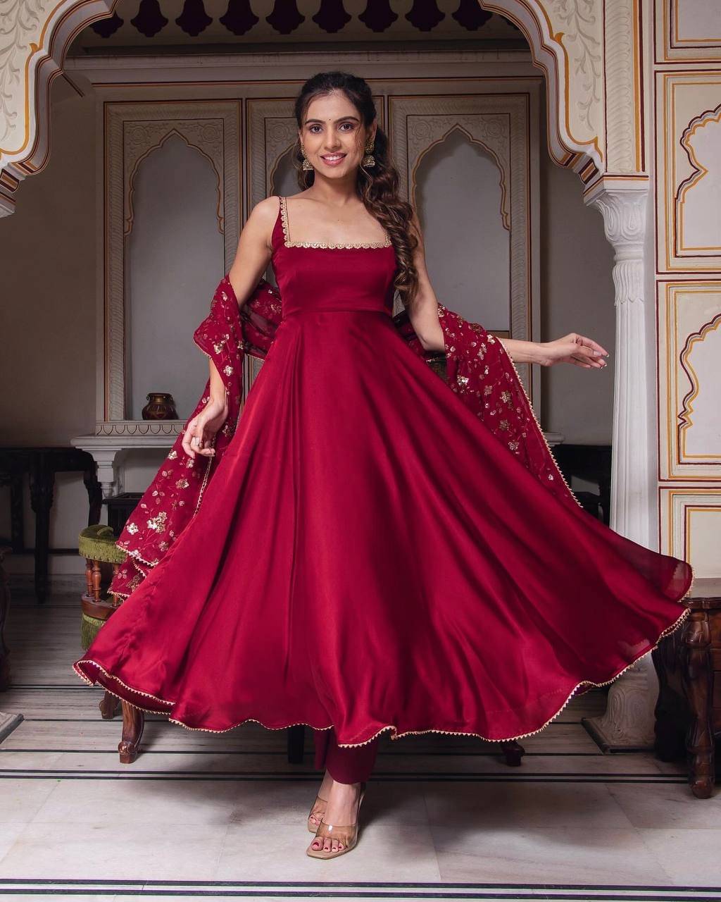 THE PRIVATE LABLE Women Georgette Embroidered Anarkali Kurti With Pants ( Maroon ) THE PRIVATE LABLE Women Georgette Embroidered Anarkali Kurti With Pants ( Maroon )