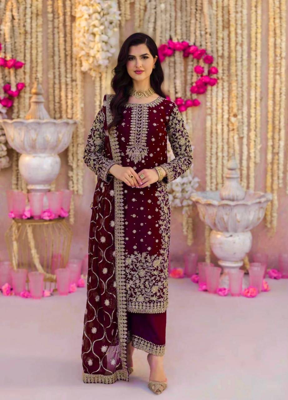     			THE PRIVATE LABLE Women Georgette Embroidered Straight Kurti With Palazzo ( Wine )