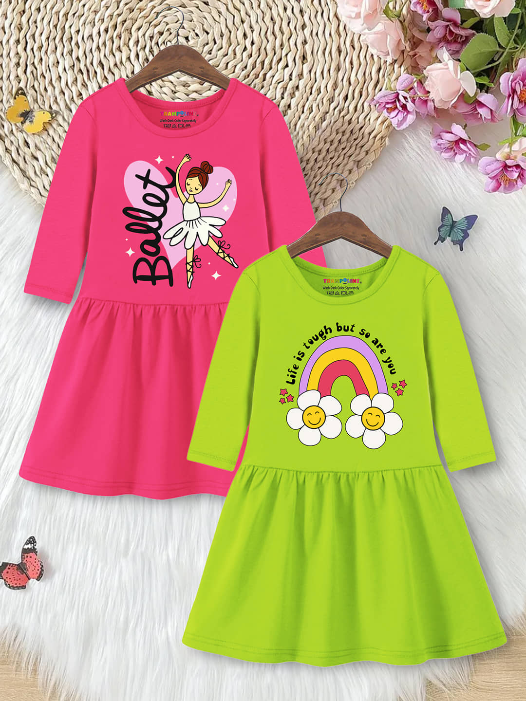 Trampoline Cotton Blend Dress For Girls ( Pack of 2 , Pink & Green )