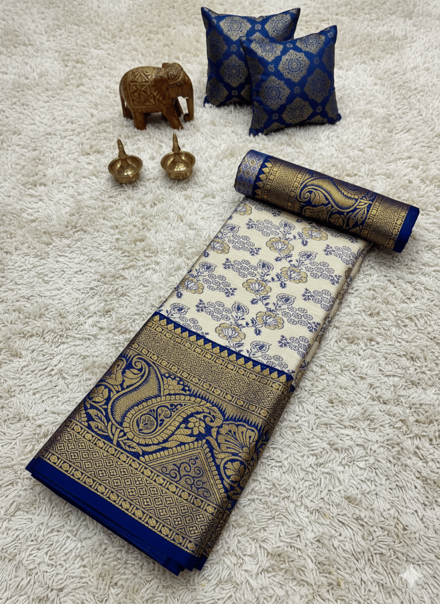 VILOCHAN Silk Embellished Dharmavaram Saree With Unstitched Blouse Piece ( Blue ) VILOCHAN Silk Embellished Dharmavaram Saree With Unstitched Blouse Piece ( Blue )