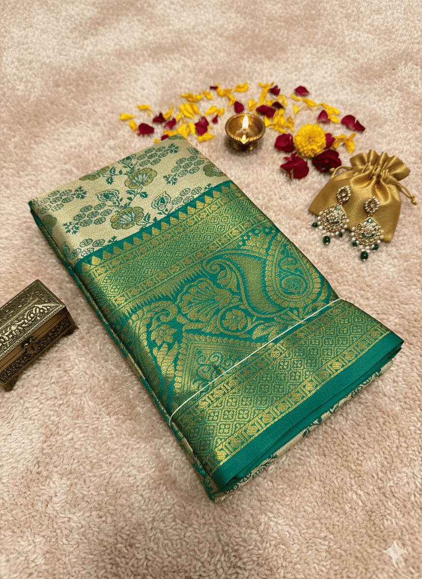 VILOCHAN Silk Embellished Dharmavaram Saree With Unstitched Blouse Piece ( Rama ) VILOCHAN Silk Embellished Dharmavaram Saree With Unstitched Blouse Piece ( Rama )