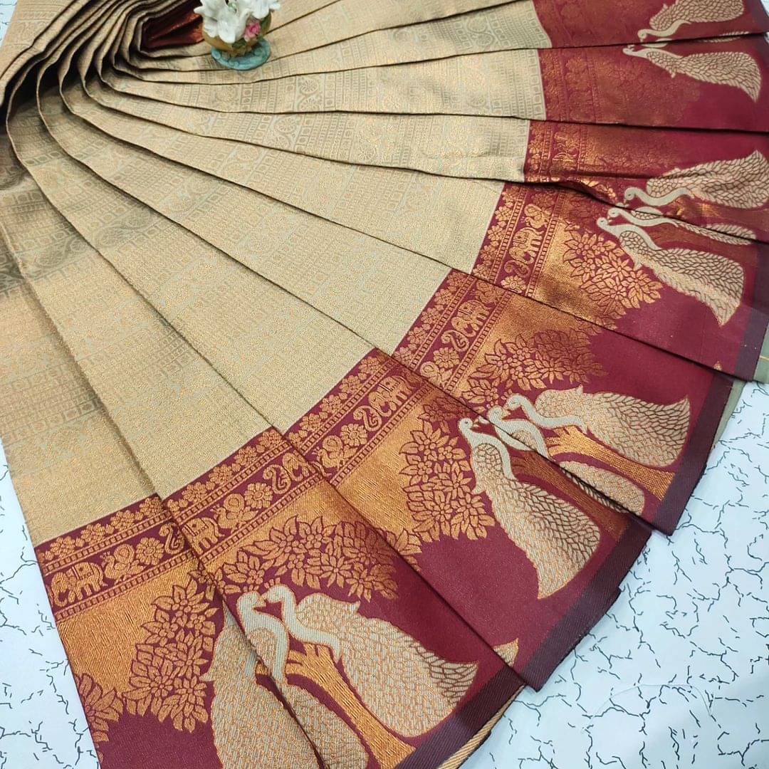 Vastukala Silk Woven Kanjeevaram Sarees With Unstitched Blouse Piece ( Cream ) Vastukala Silk Woven Kanjeevaram Sarees With Unstitched Blouse Piece ( Cream )