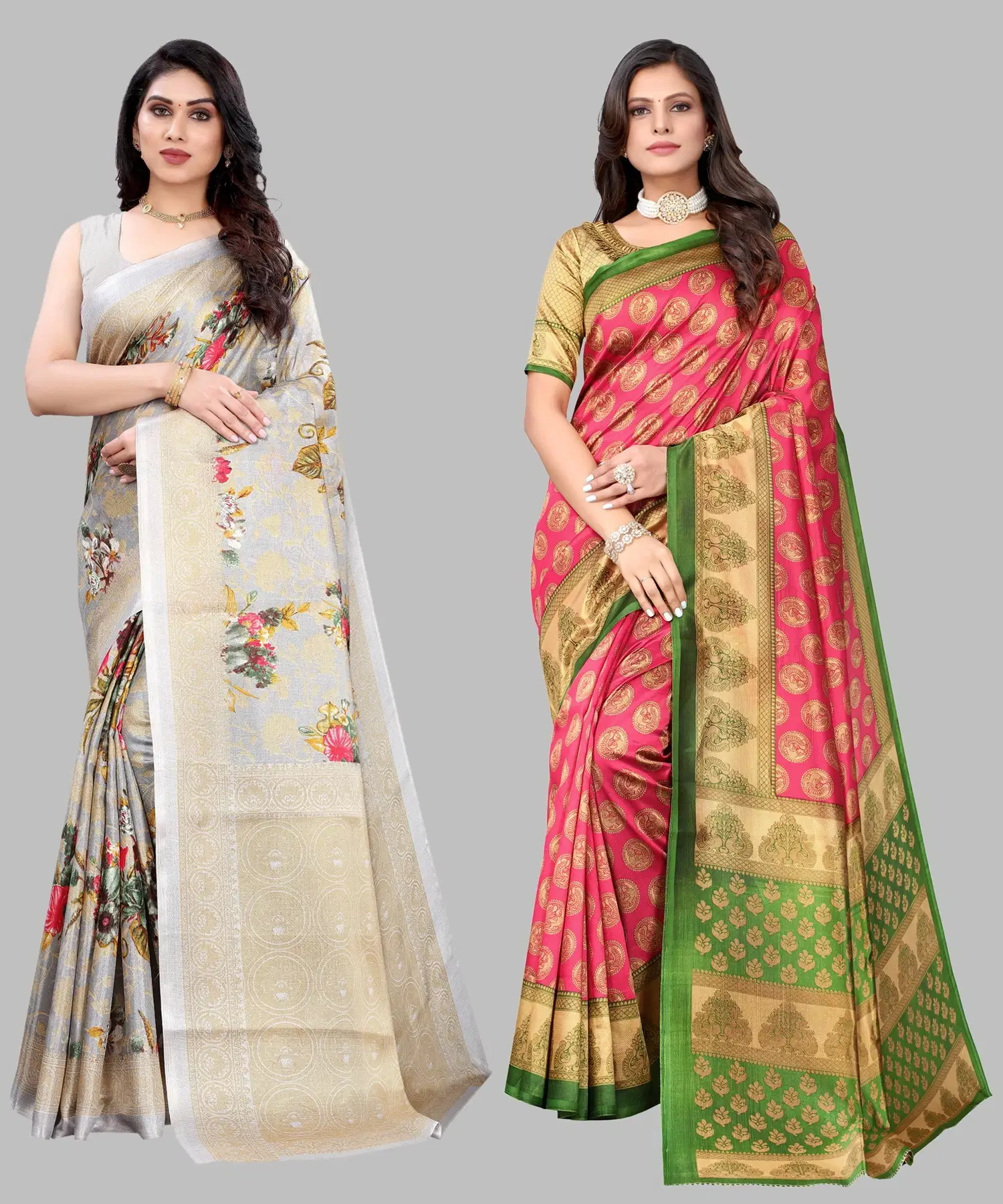 Yashika Art Silk Printed Regular Saree With Unstitched Blouse Piece ( Grey )     			Yashika Art Silk Printed Regular Saree With Unstitched Blouse Piece ( Grey )