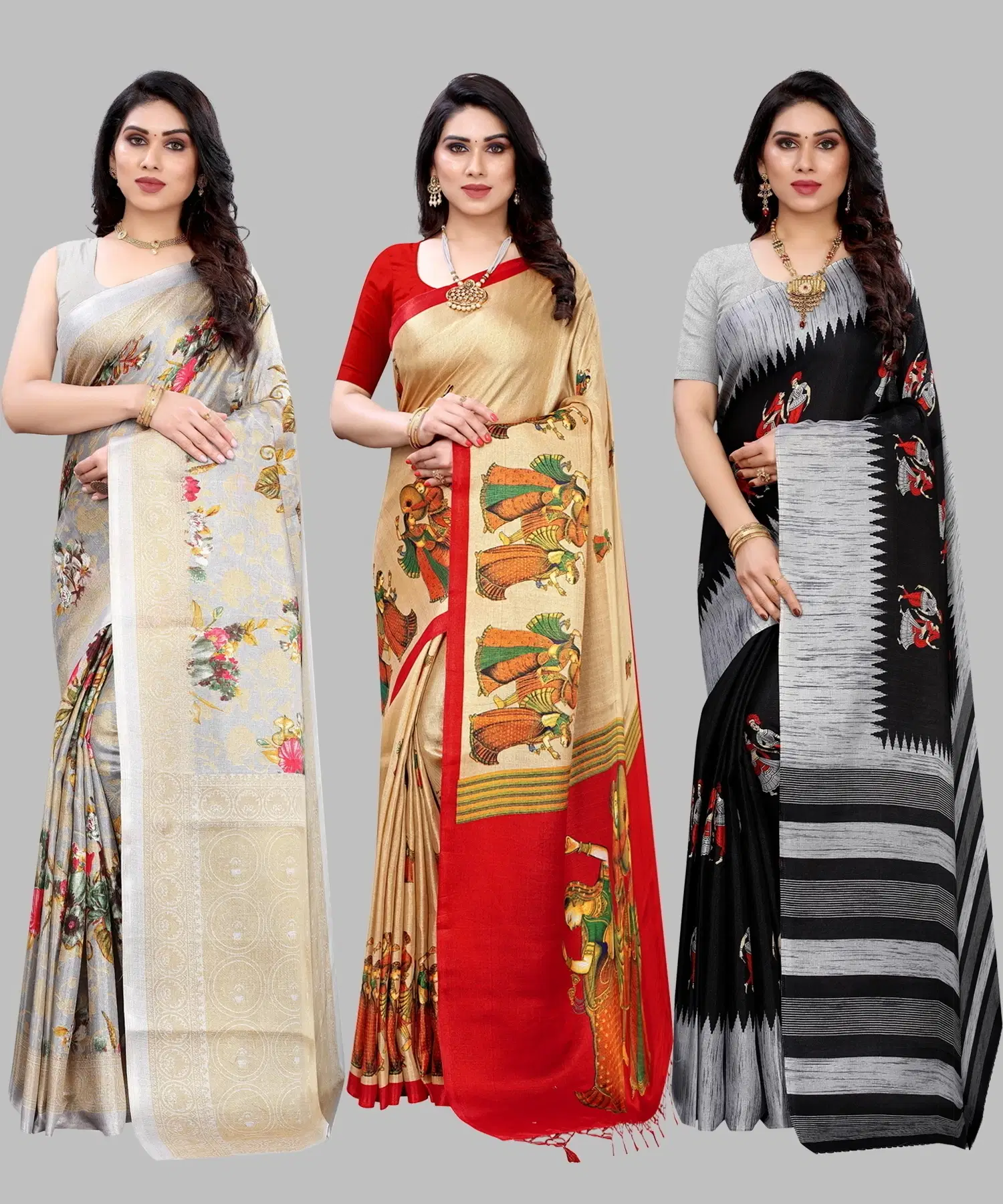 Yashika Art Silk Printed Regular Saree With Unstitched Blouse Piece ( Grey ) Yashika Art Silk Printed Regular Saree With Unstitched Blouse Piece ( Grey )
