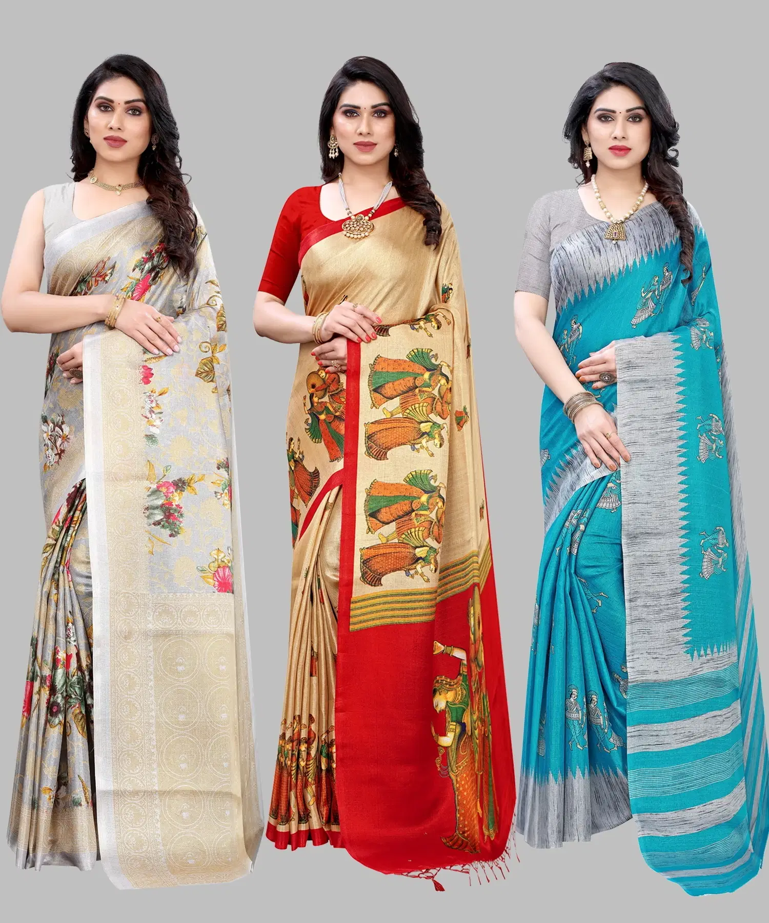 Yashika Art Silk Printed Regular Saree With Unstitched Blouse Piece ( Grey ) Yashika Art Silk Printed Regular Saree With Unstitched Blouse Piece ( Grey )