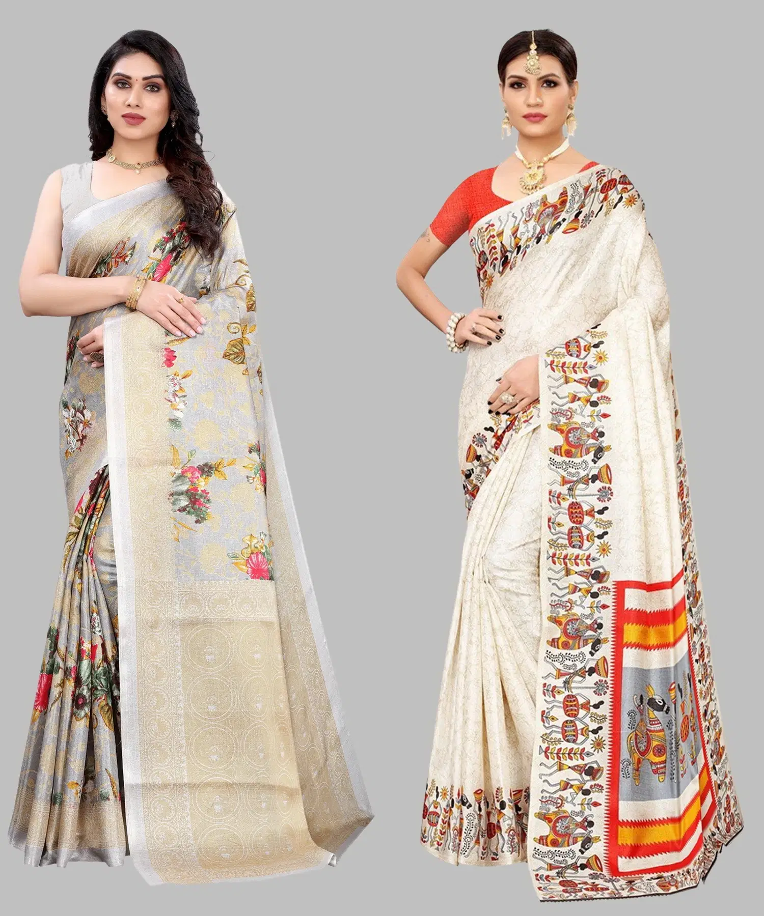 Yashika Art Silk Printed Regular Saree With Unstitched Blouse Piece ( Grey )     			Yashika Art Silk Printed Regular Saree With Unstitched Blouse Piece ( Grey )