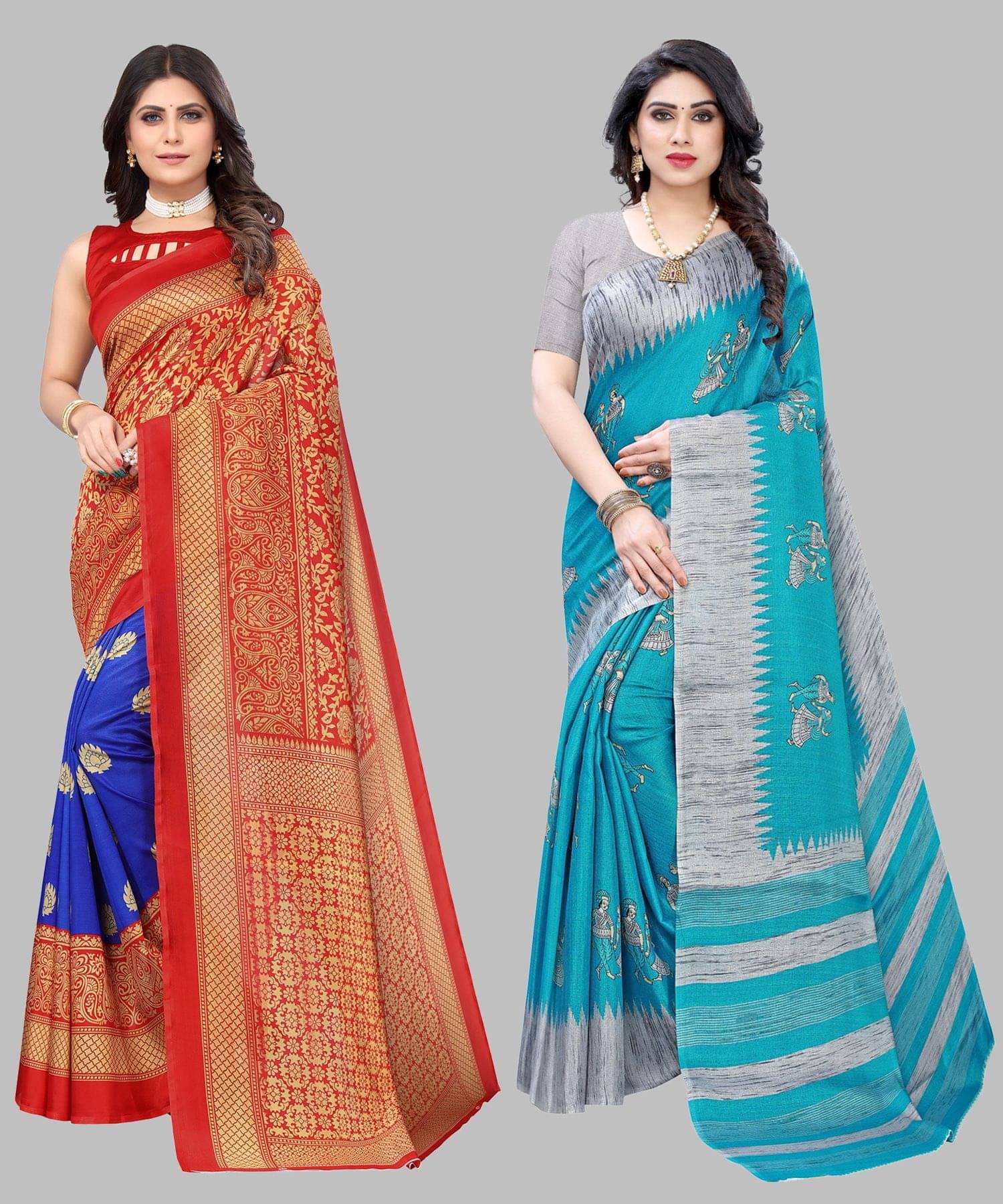Yashika Art Silk Printed Regular Saree With Unstitched Blouse Piece ( Light Blue )     			Yashika Art Silk Printed Regular Saree With Unstitched Blouse Piece ( Light Blue )