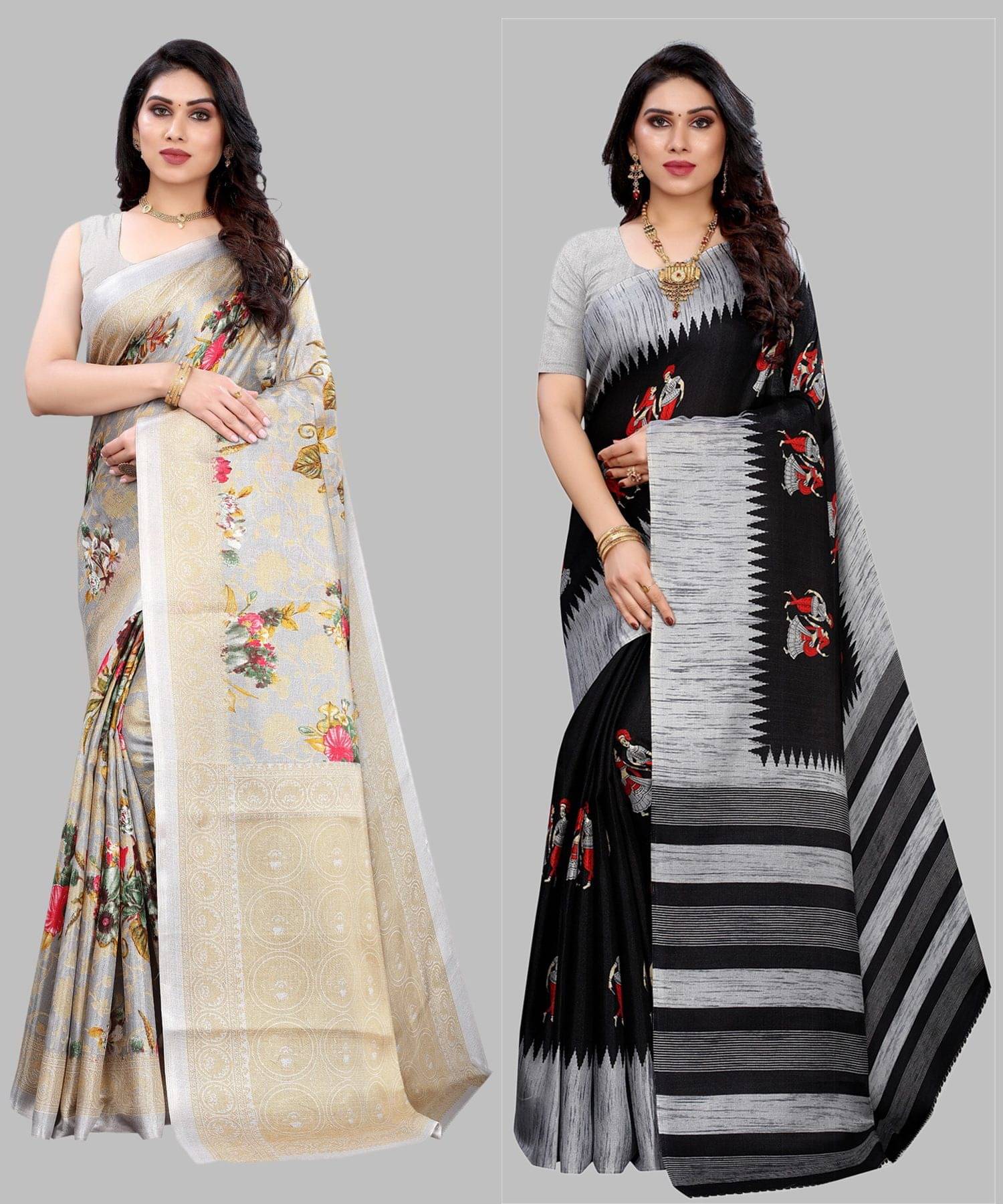 Yashika Art Silk Printed Regular Saree With Unstitched Blouse Piece ( Grey ) Yashika Art Silk Printed Regular Saree With Unstitched Blouse Piece ( Grey )