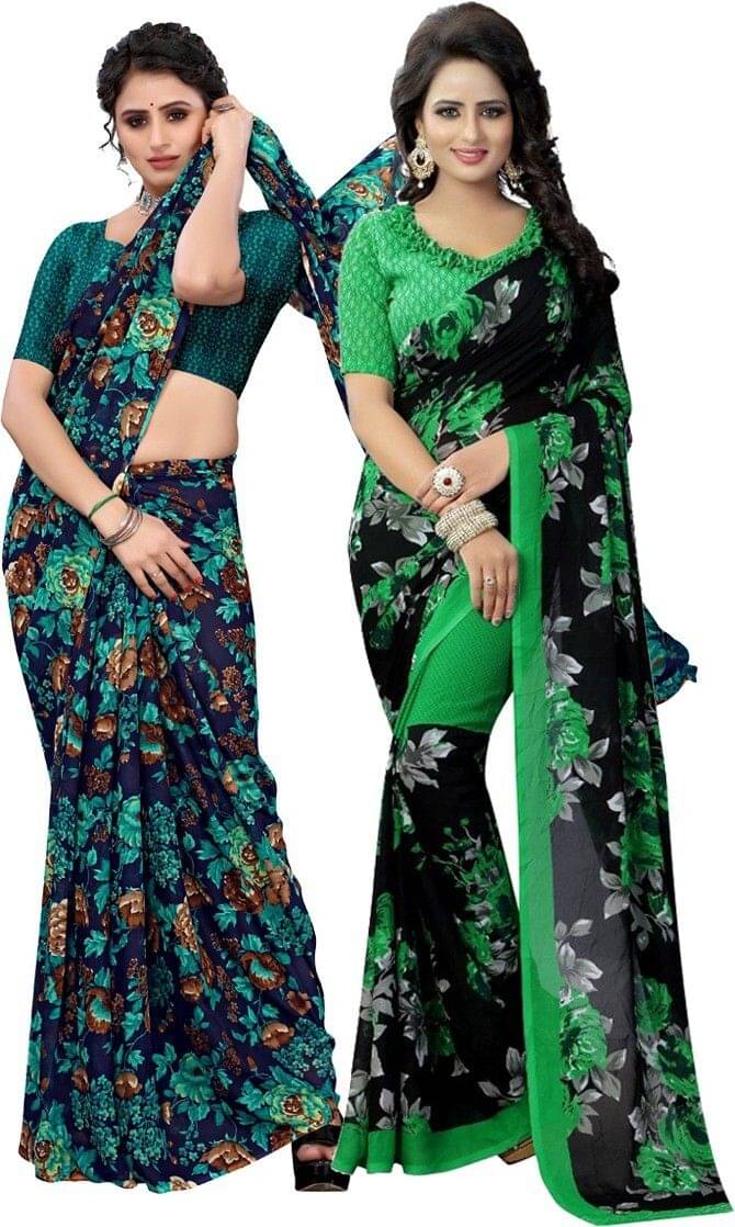 Yashika Georgette Printed Regular Saree With Unstitched Blouse Piece ( Navy Blue ) Yashika Georgette Printed Regular Saree With Unstitched Blouse Piece ( Navy Blue )