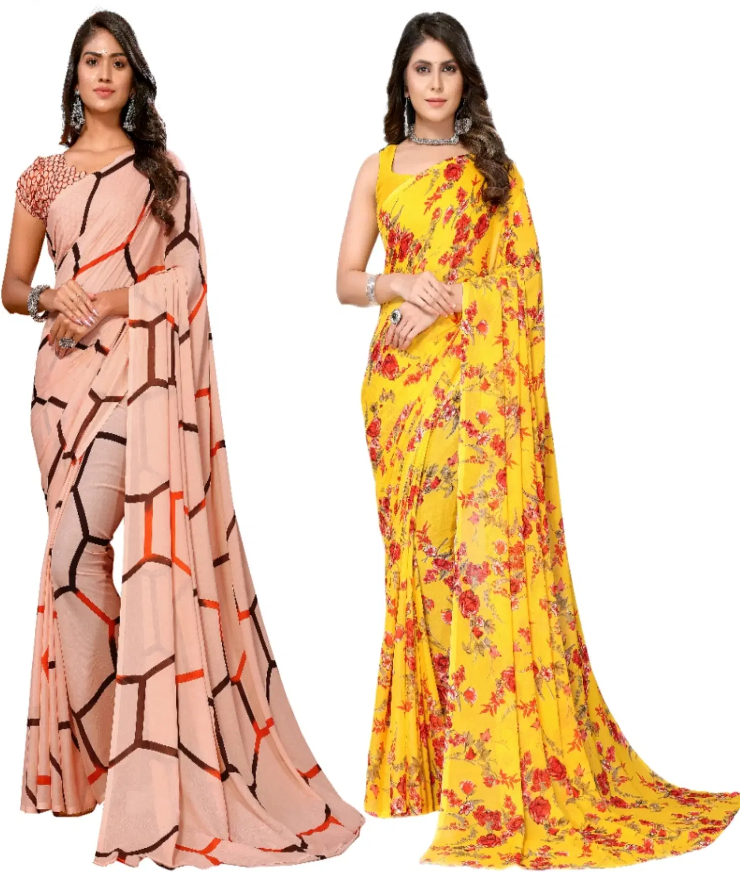     			Yashika Georgette Printed Regular Saree With Unstitched Blouse Piece ( Brown )