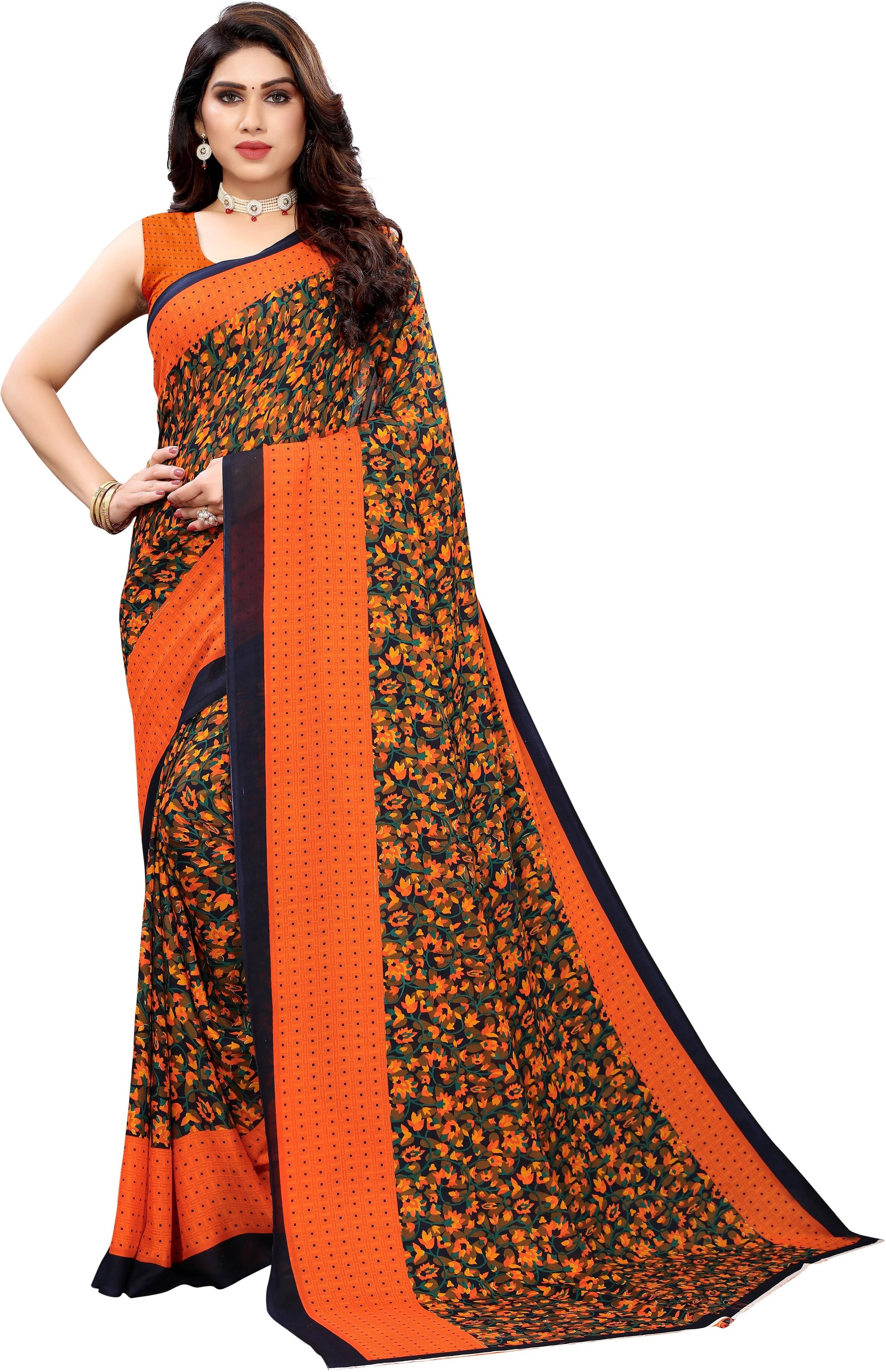 Yashika Georgette Printed Regular Saree With Unstitched Blouse Piece ( Orange ) Yashika Georgette Printed Regular Saree With Unstitched Blouse Piece ( Orange )